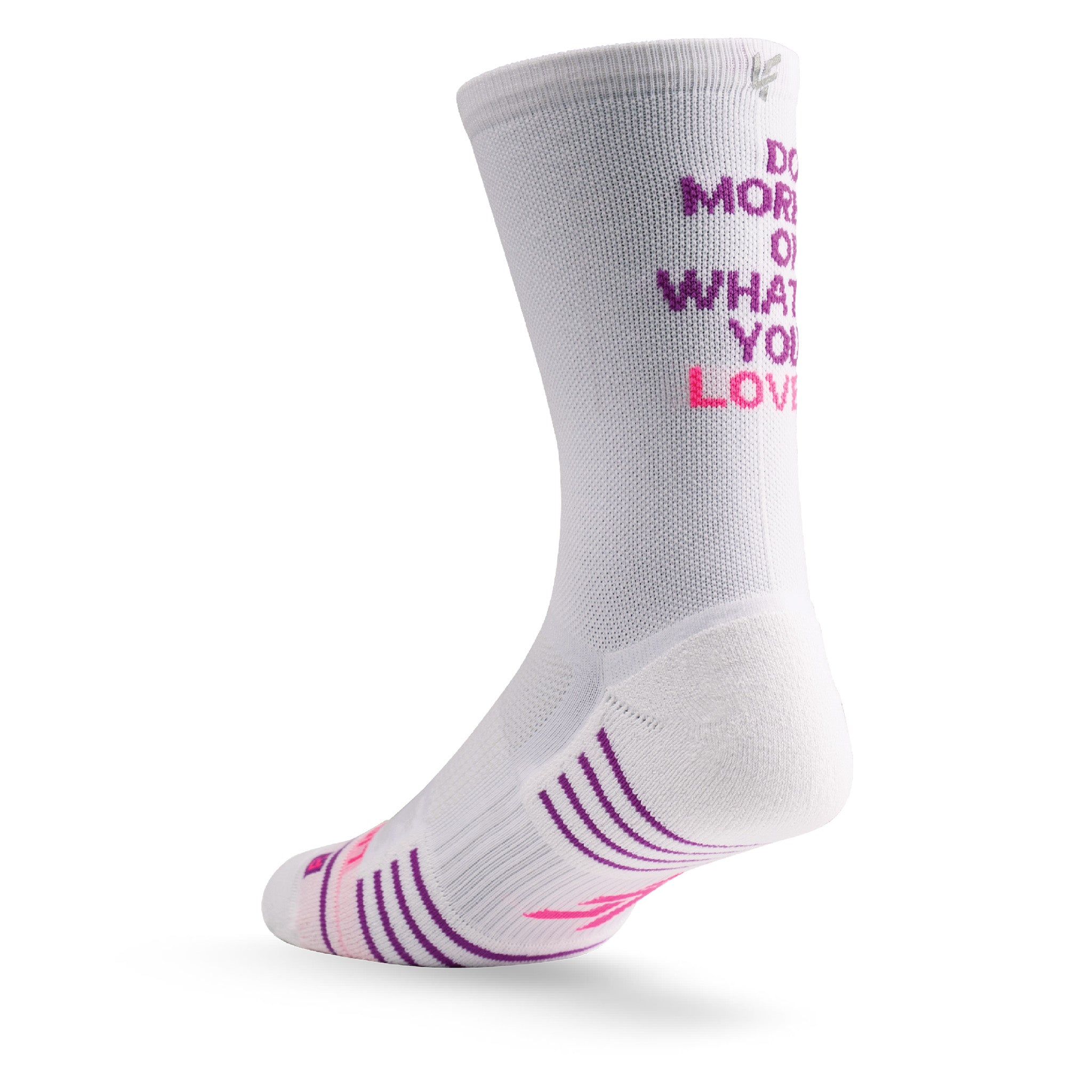 Heel view of Lightfeet Performance Do More Of What You Love White Purple Pink Crew Socks