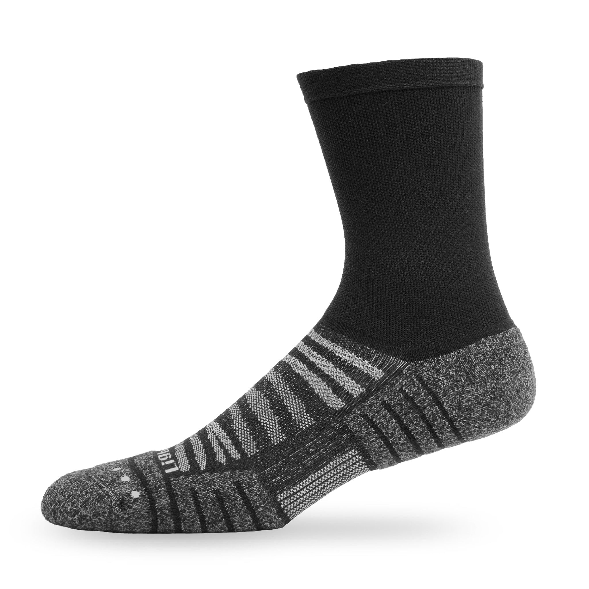 Side view of Lightfeet Performance Black Half Crew Sock