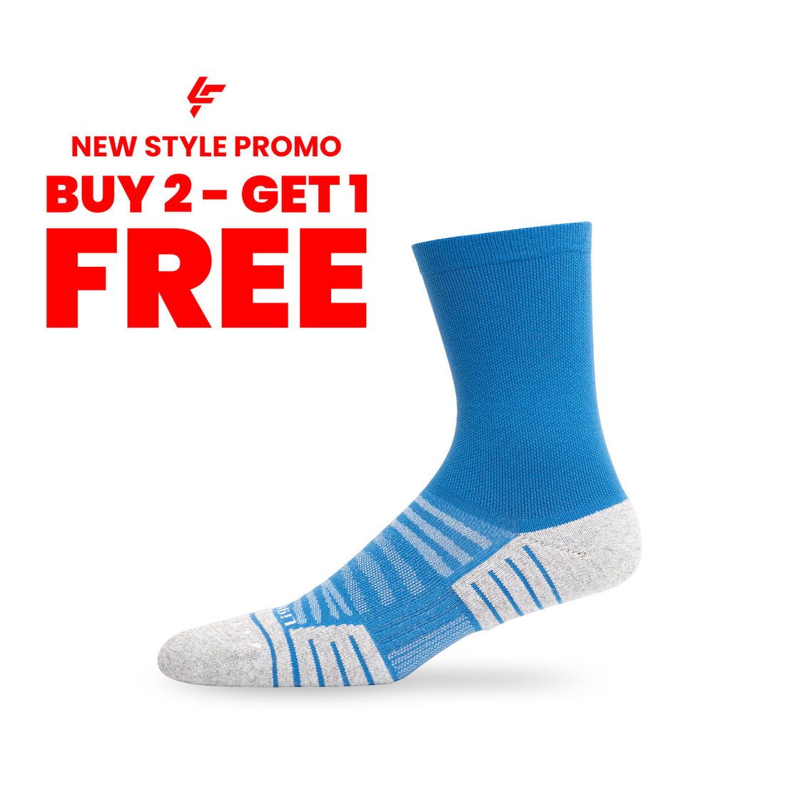 Side view of new style Lightfeet Performance Blue Half Crew Sock