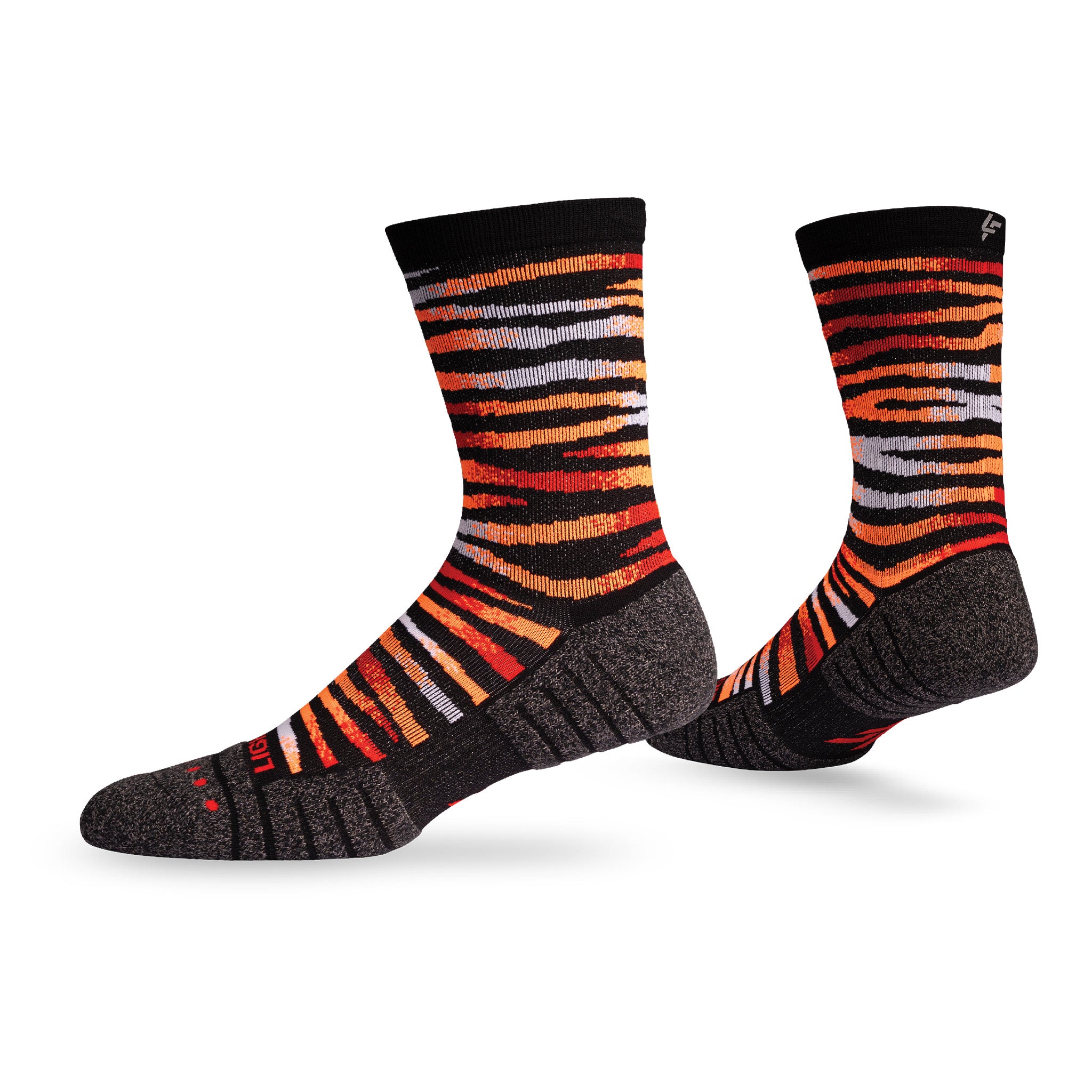 Pair of Lightfeet Performance Predator Black Red Orange Half Crew Socks