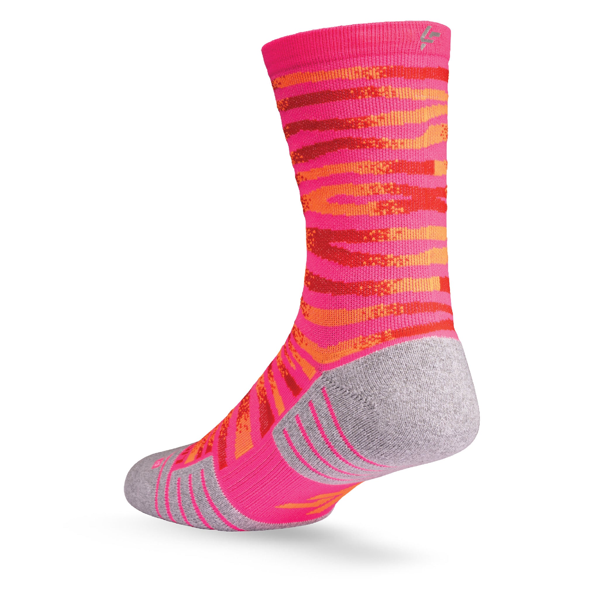 Heel view of Lightfeet Performance Predator Pink Red Orange Half Crew Sock