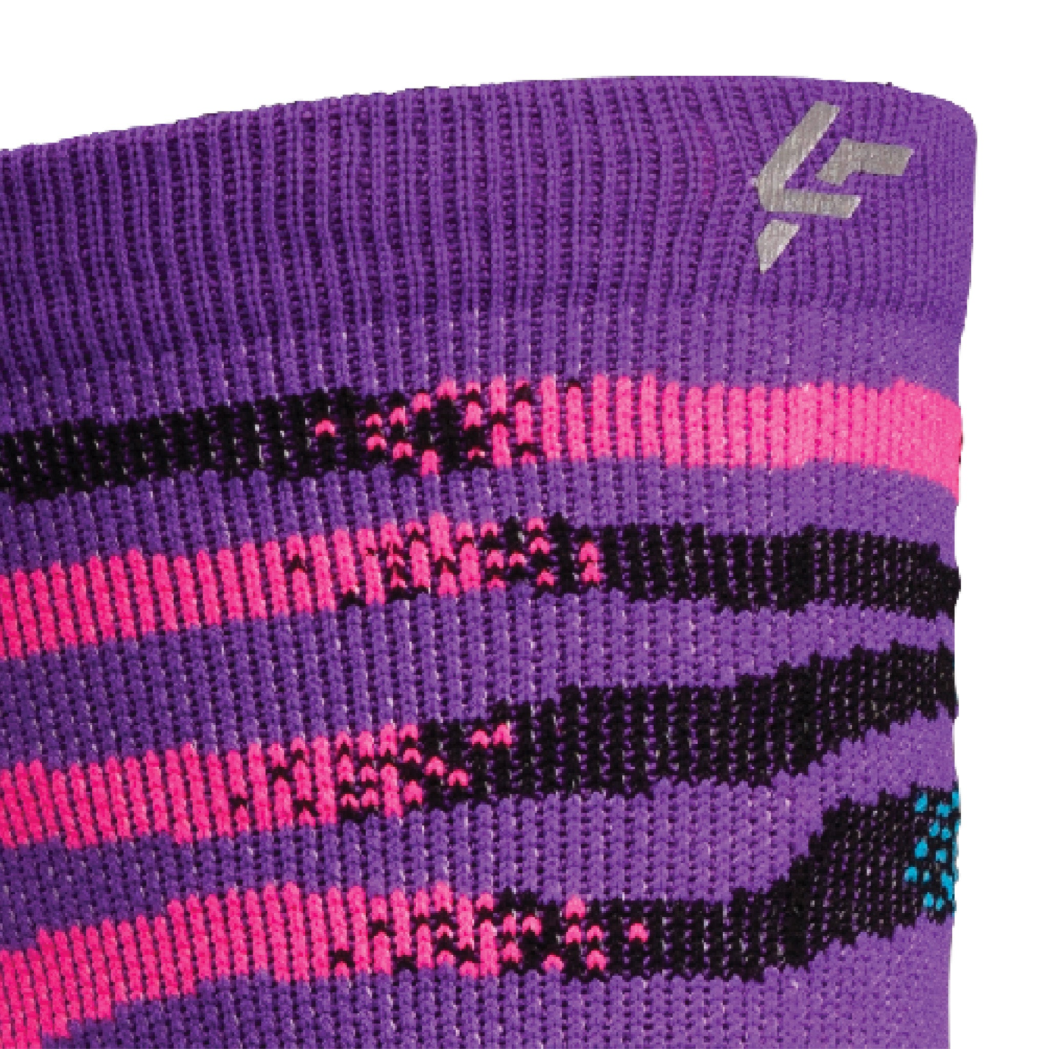 Close up view of reflective print symbol on Lightfeet Performance Predator Purple Aqua Pink Half Crew Sock