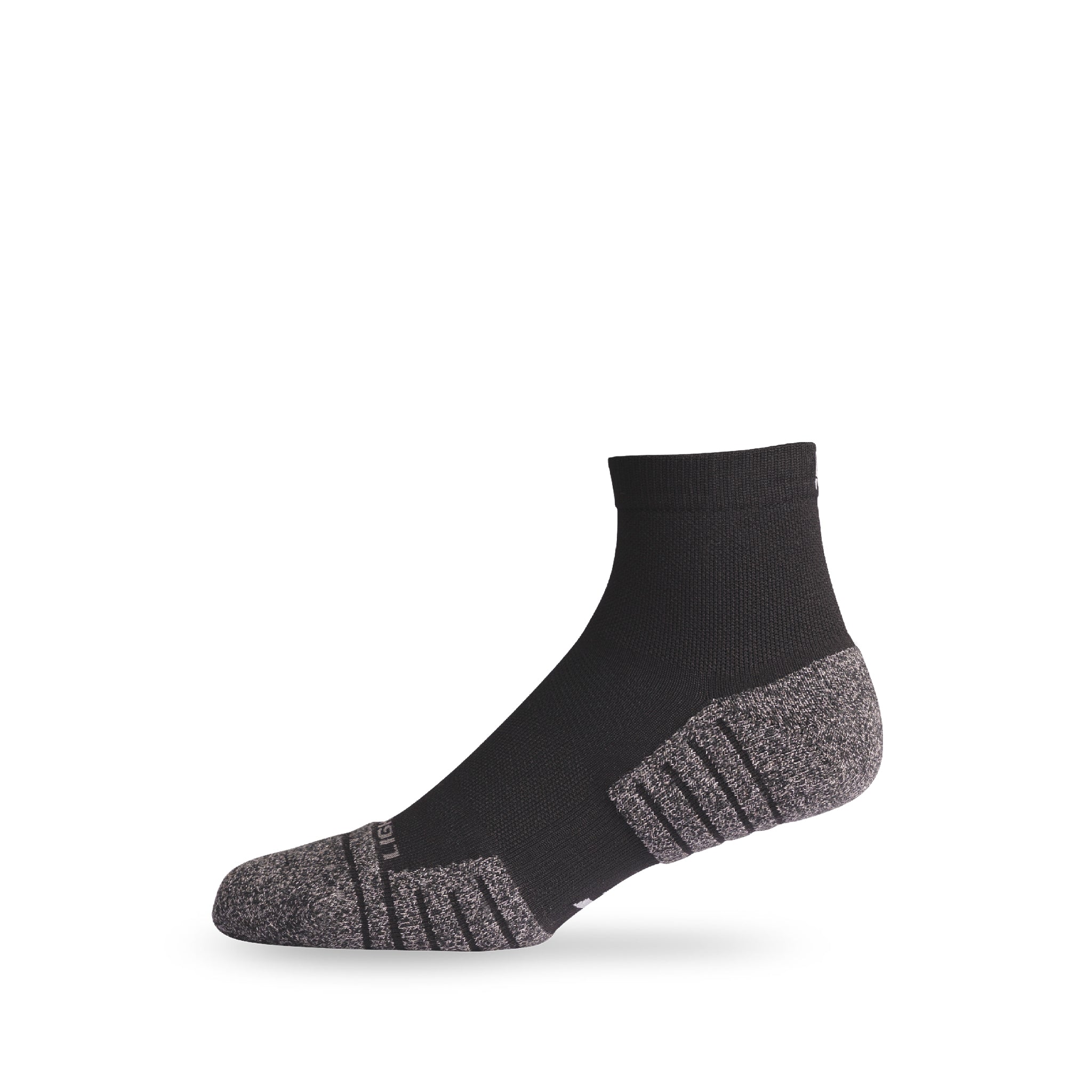 Side view of Lightfeet Performance Black Quarter Crew Sock