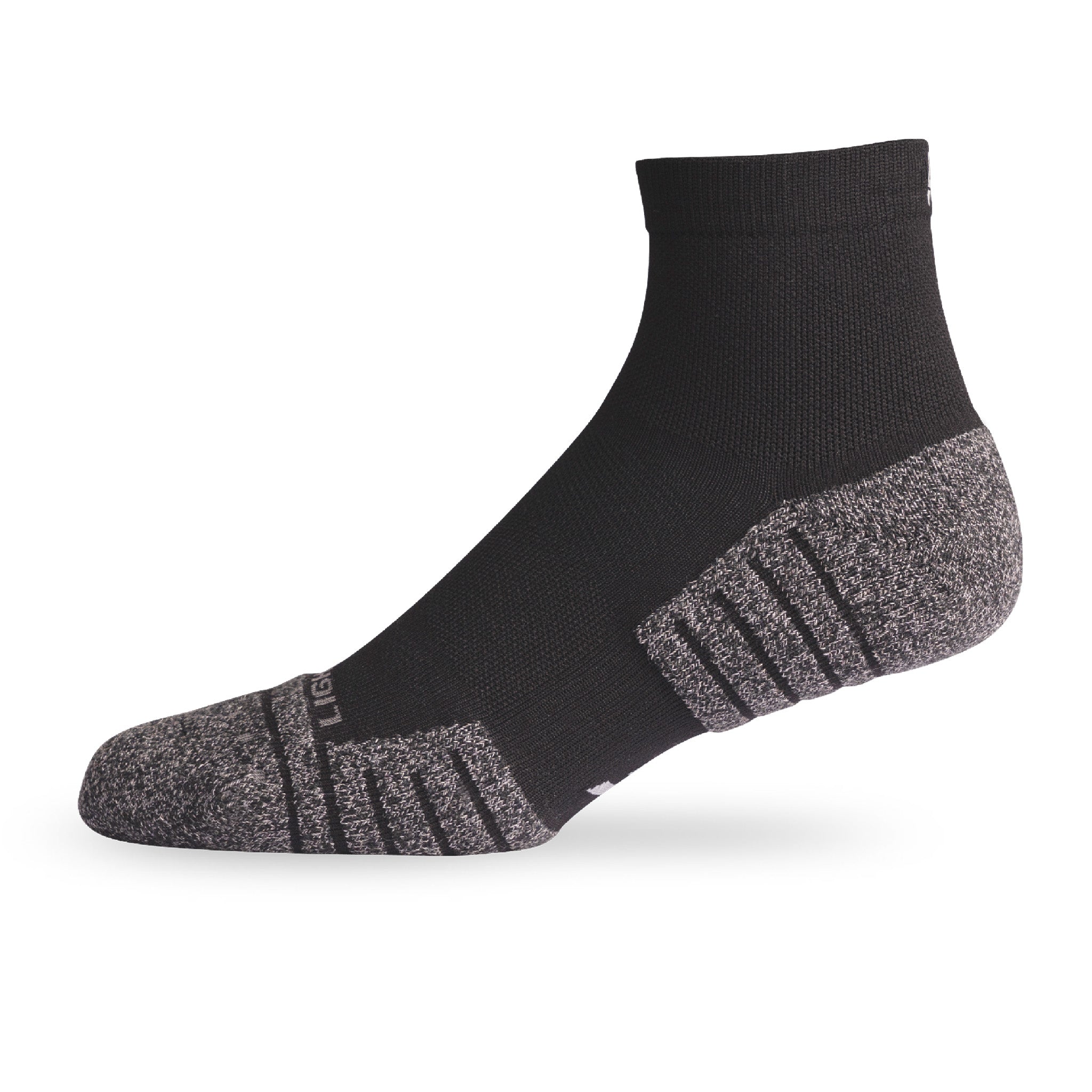 Side view of Lightfeet Performance Black Quarter Crew Sock