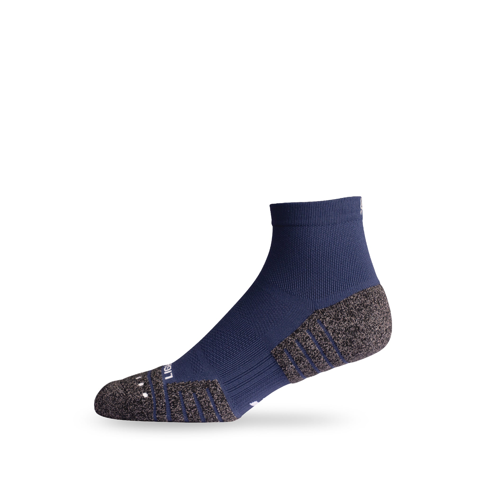 Side view of Lightfeet Performance Navy Quarter Crew Sock