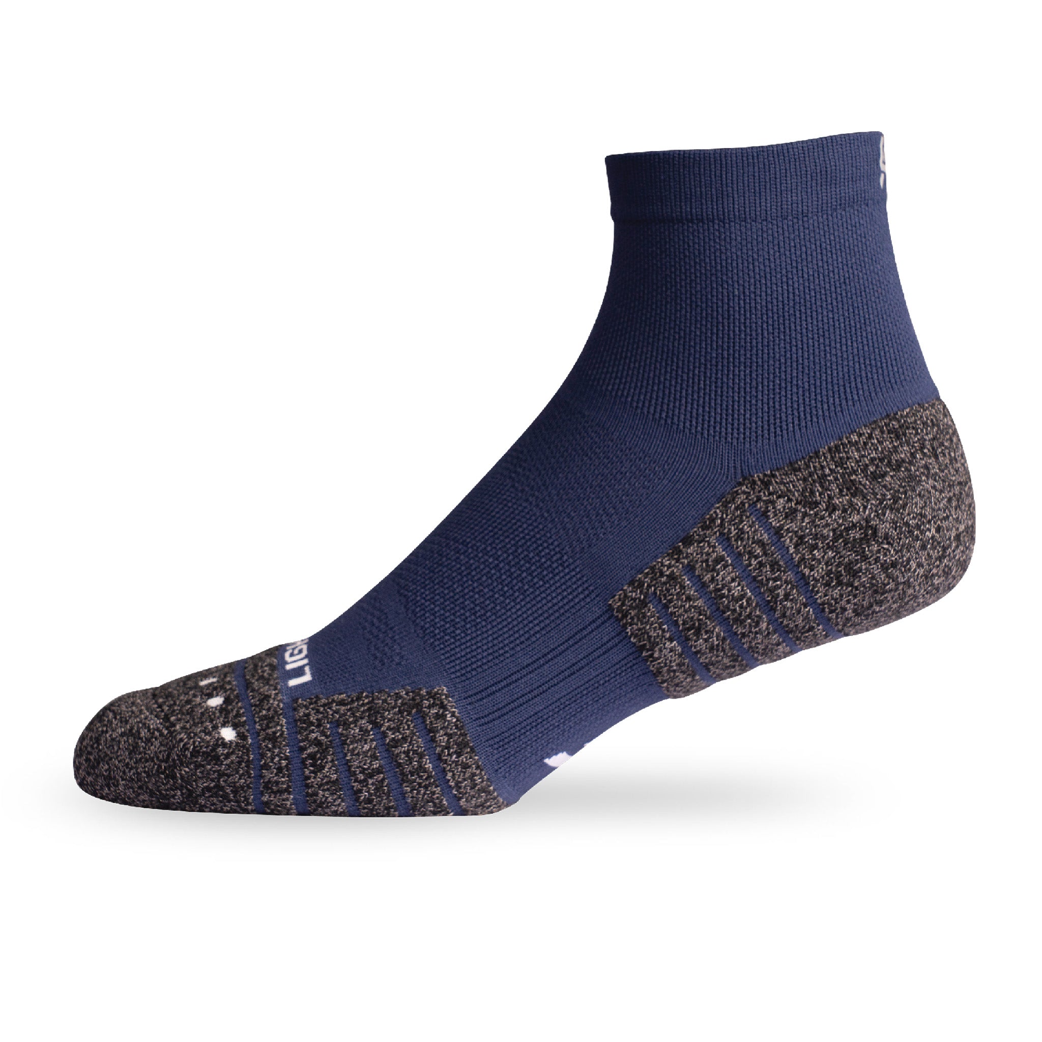 Side view of Lightfeet Performance Navy Quarter Crew Sock