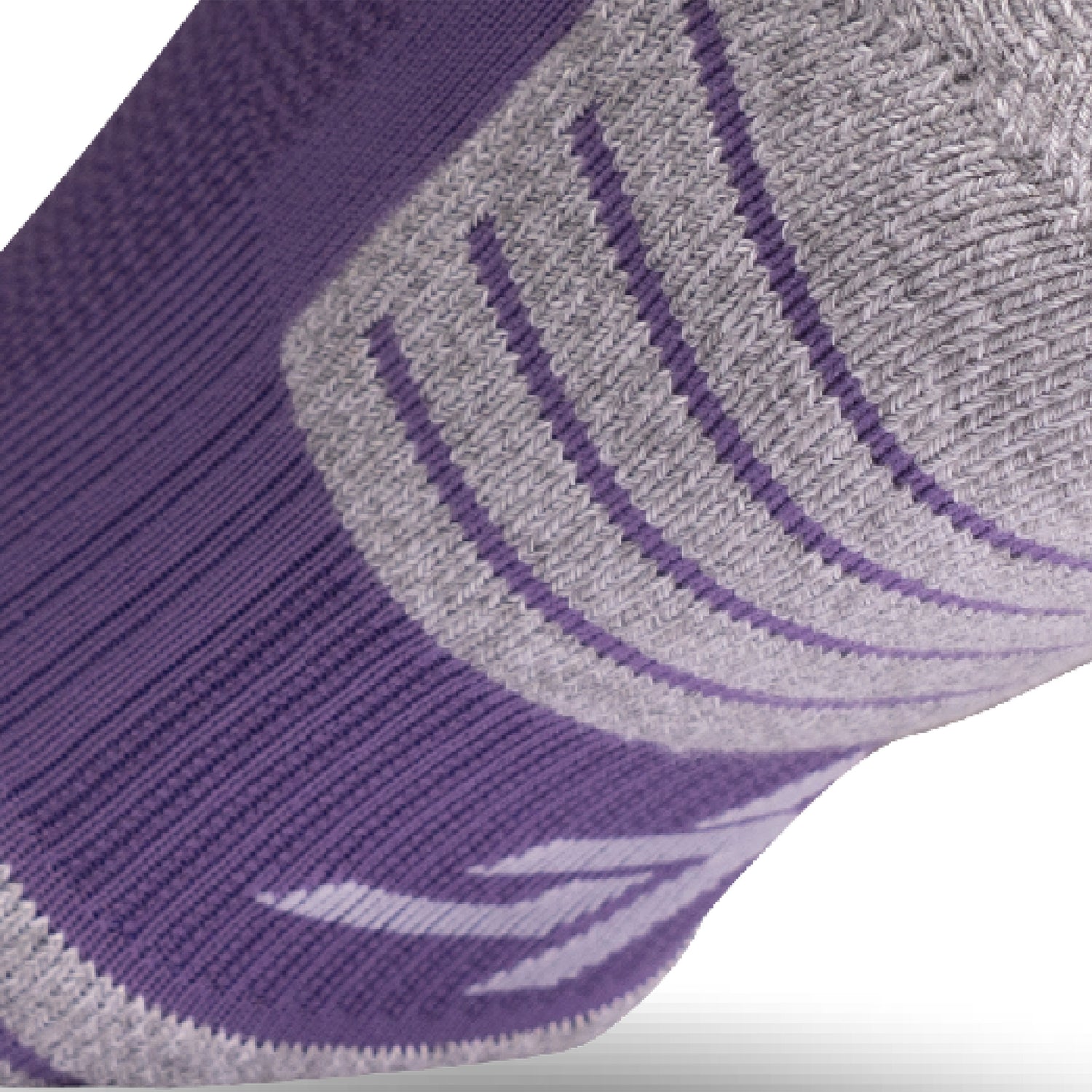 Close up view of elastic arch of Lightfeet Performance Violet Quarter Crew Sock