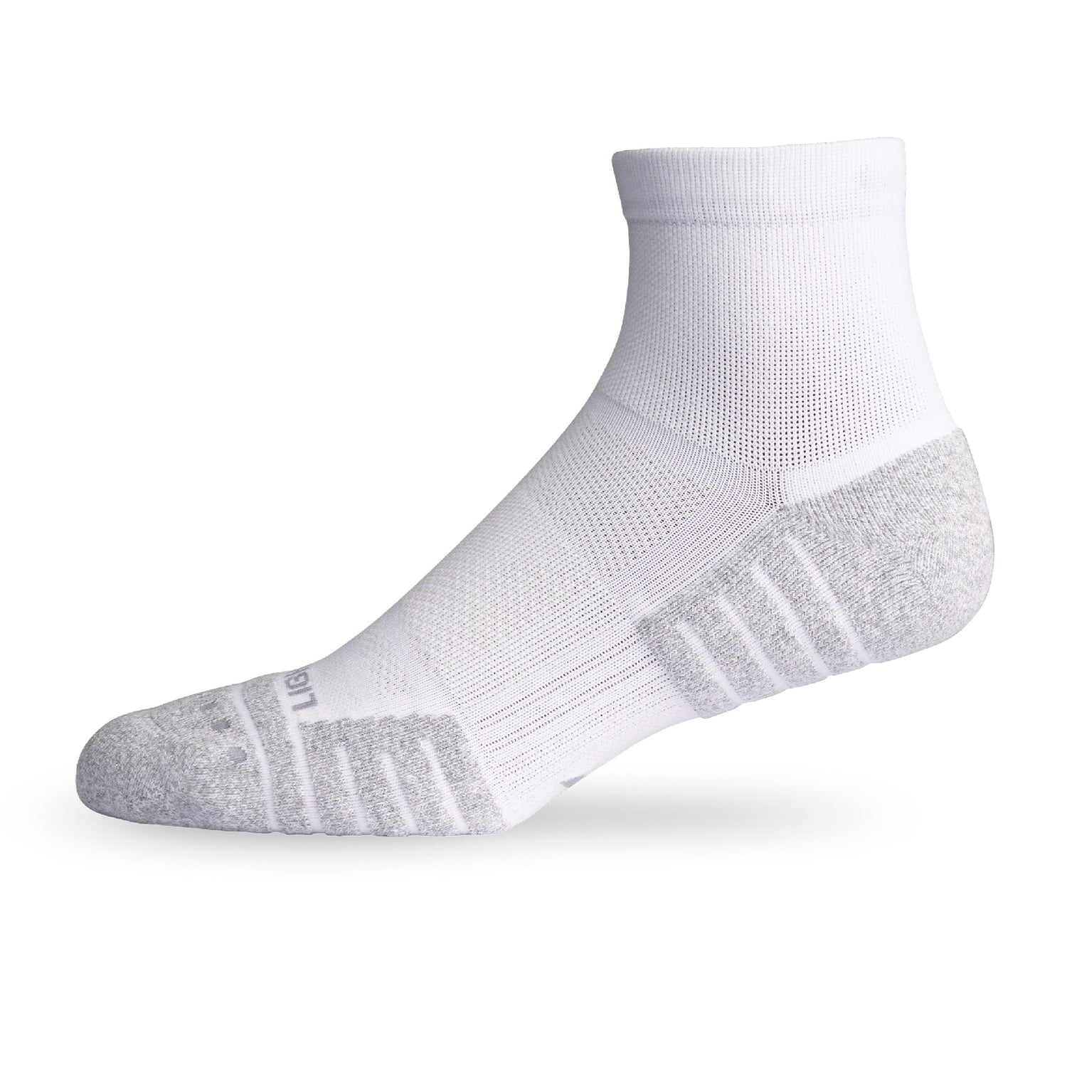 Side view of Lightfeet Performance White Quarter Crew Sock