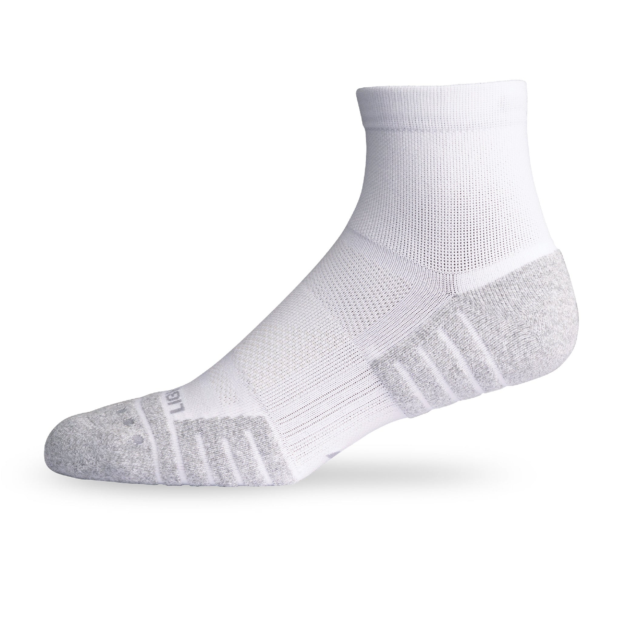 Side view of Lightfeet Performance White Quarter Crew Sock