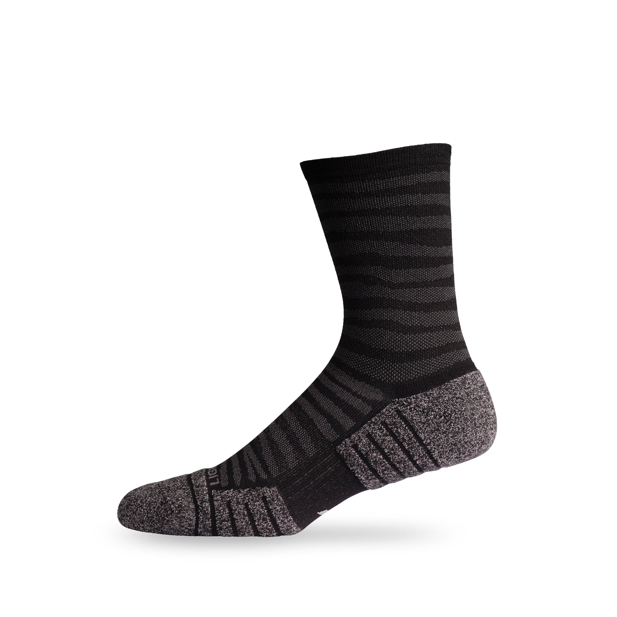 Side view of Lightfeet Performance Raster Black Half Crew Sock