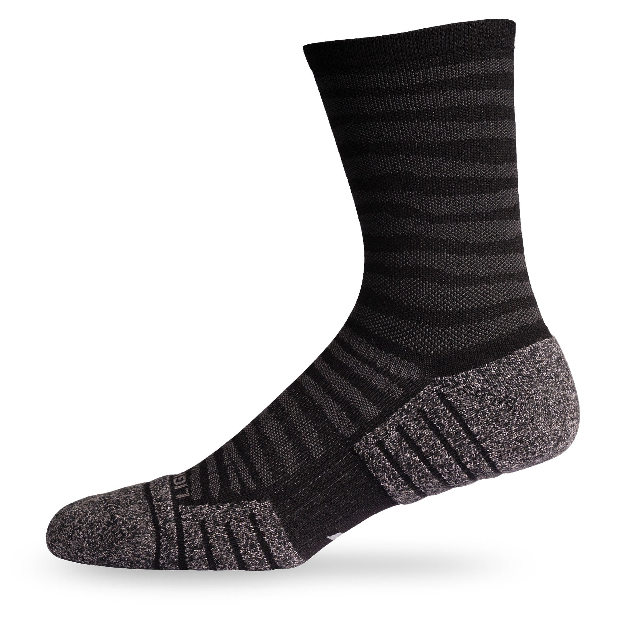 Side view of Lightfeet Performance Raster Black Half Crew Sock