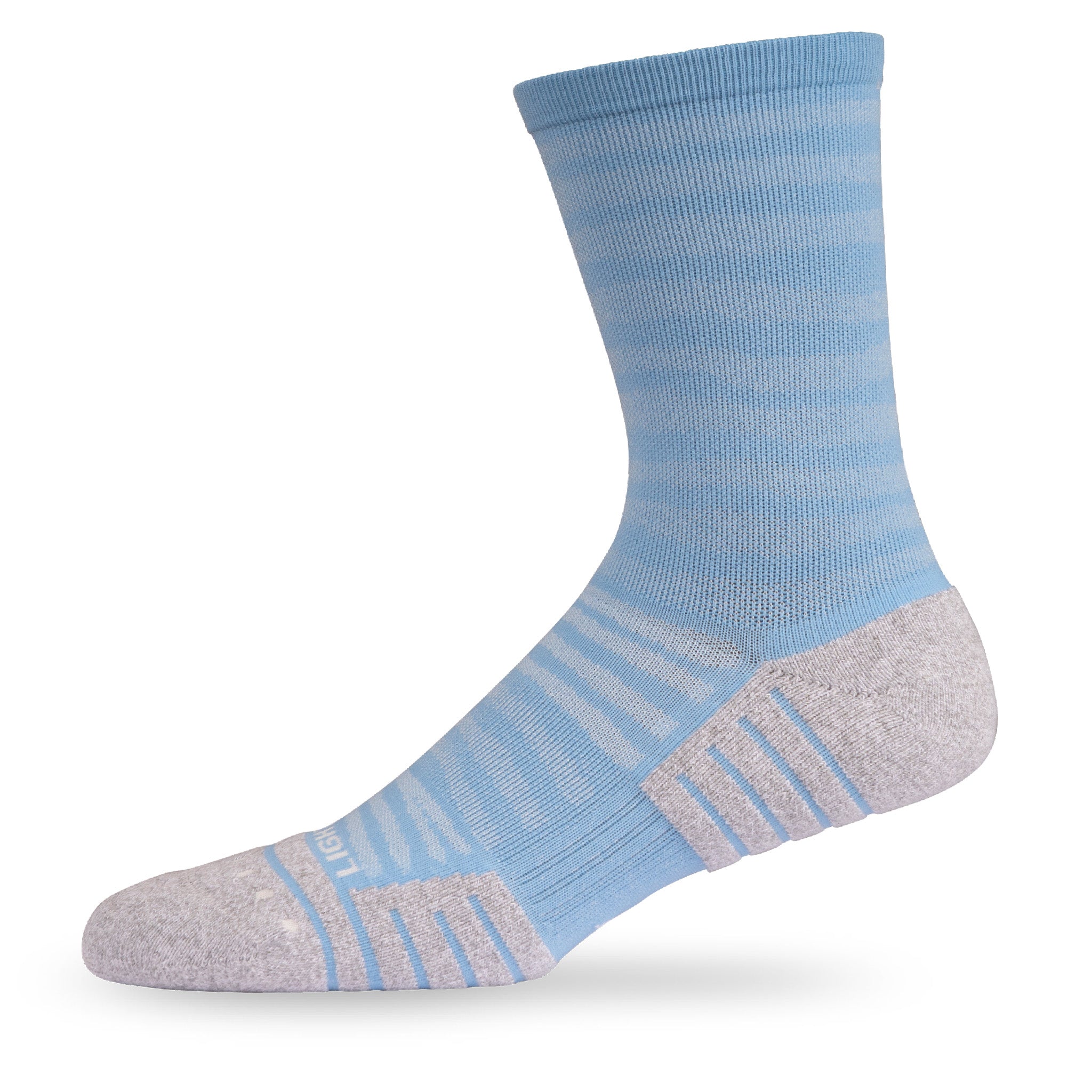 Side view of Lightfeet Performance Raster Soft Blue Half Crew Sock