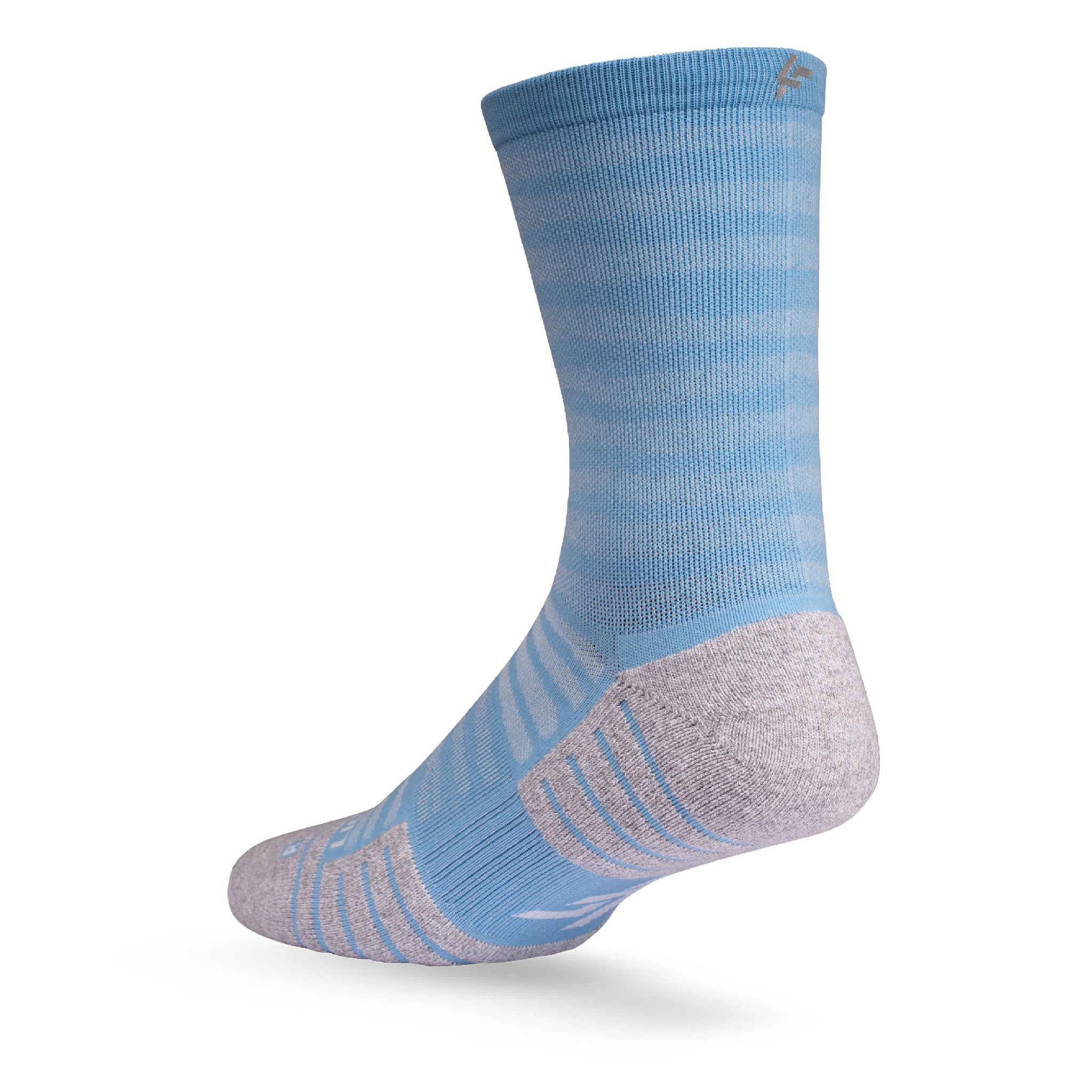 Heel view of Lightfeet Performance Raster Soft Blue Half Crew Sock