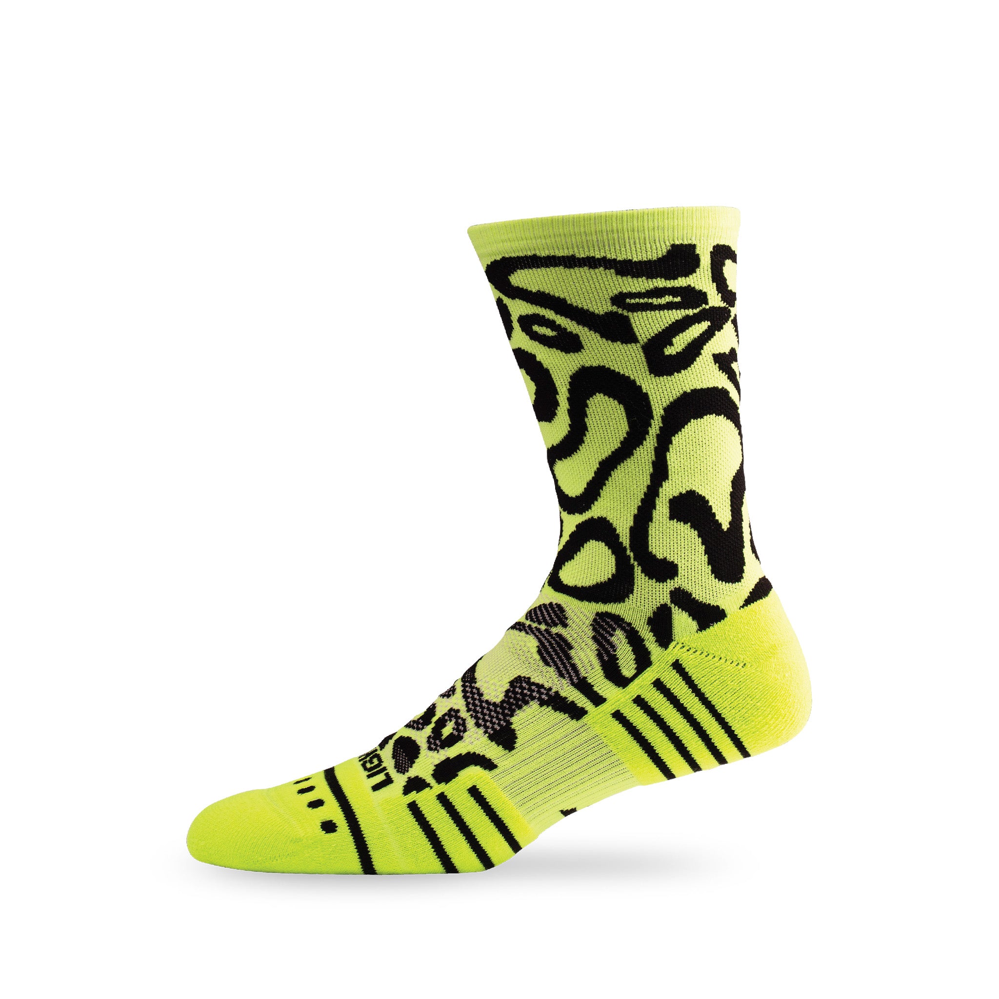 Side view of Lightfeet Performance Scribbles Yellow Black Crew Socks