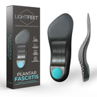 Image of Lightfeet Plantar Fasciitis Comfort Orthotic Insoles showing the packaging and the bottom and side profile of the insole