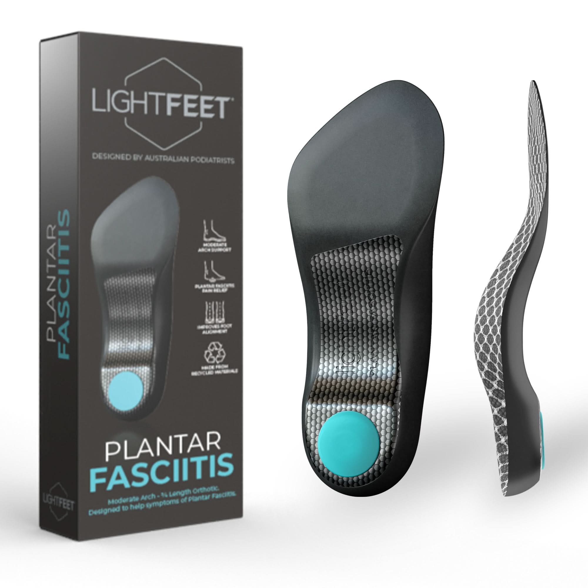 Image of Lightfeet Plantar Fasciitis Comfort Orthotic Insoles showing the packaging and the bottom and side profile of the insole