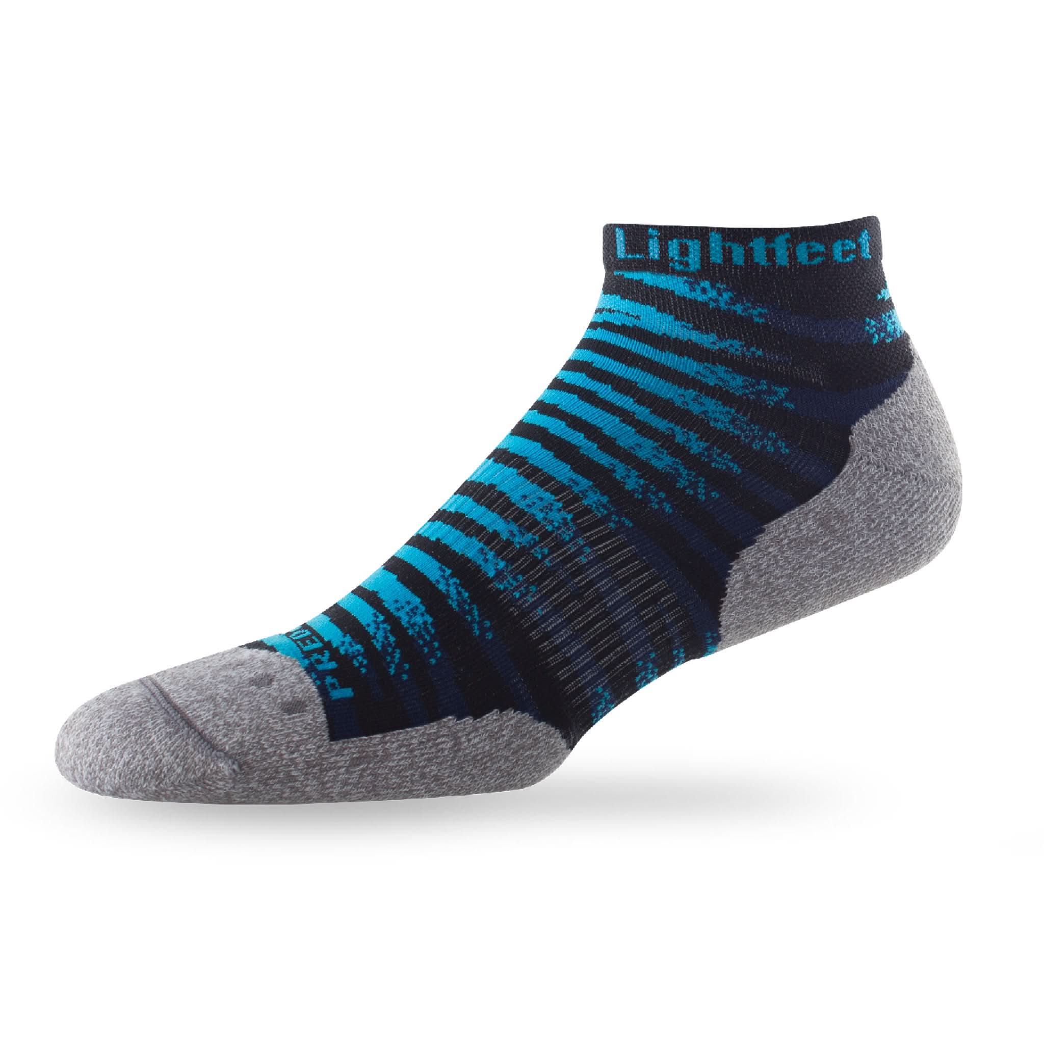 Side view of Lightfeet Predator Black Aqua Navy Mini Crew Performance Running Sock