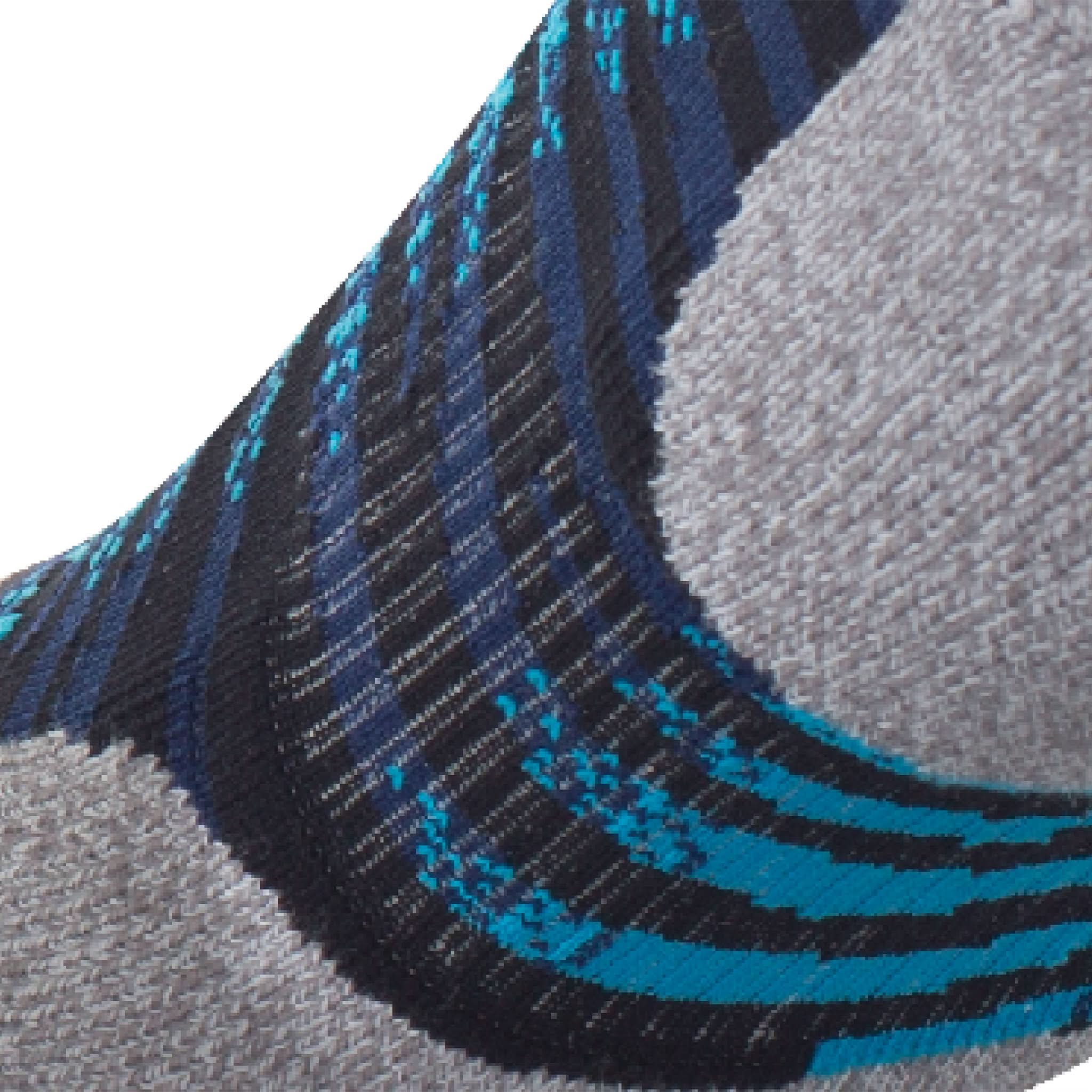 Close up view of elastic arch of Lightfeet Predator Black Aqua Navy Mini Crew Performance Running Sock
