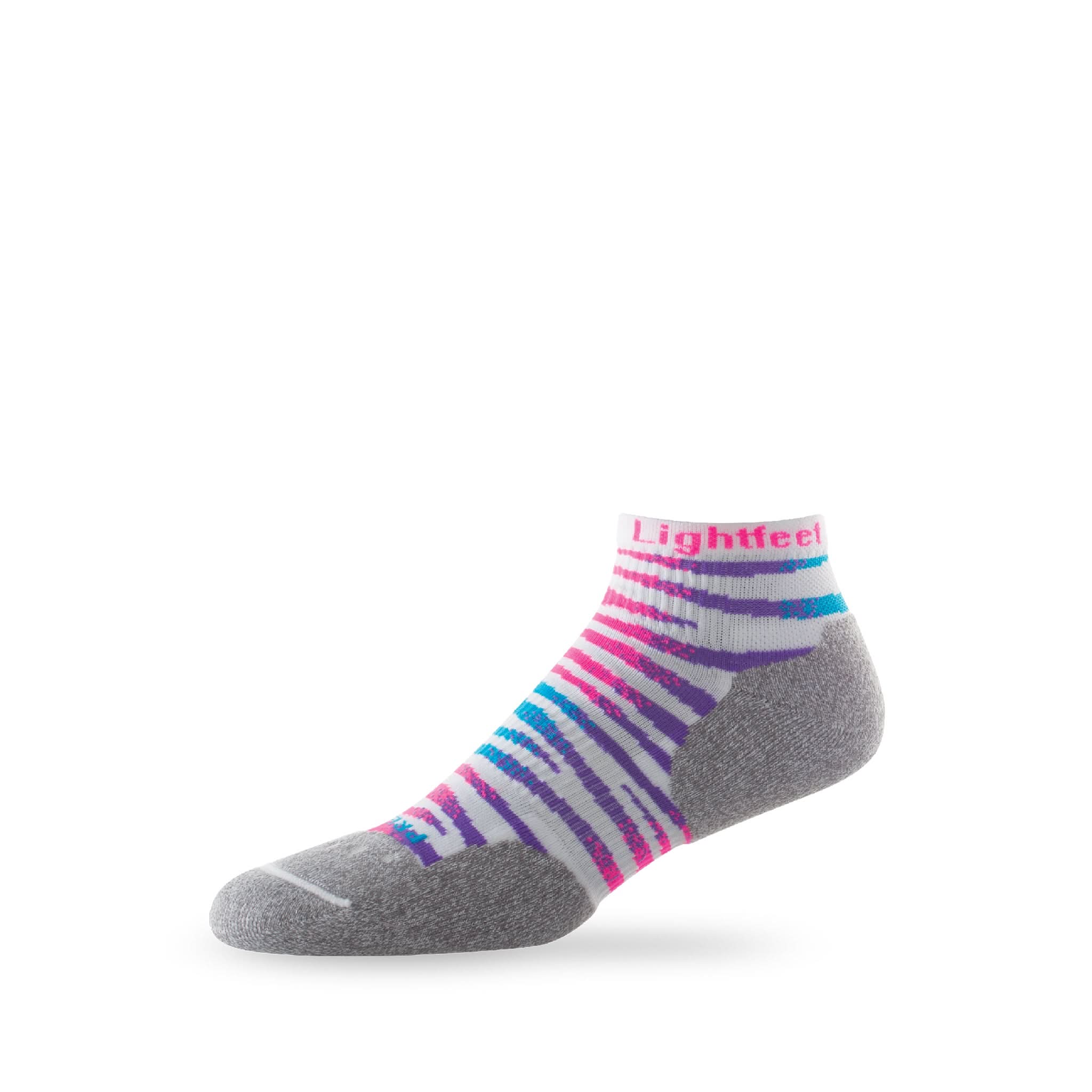 Side view of Lightfeet Predator White Fluro Pink Mini Crew Performance Running Sock