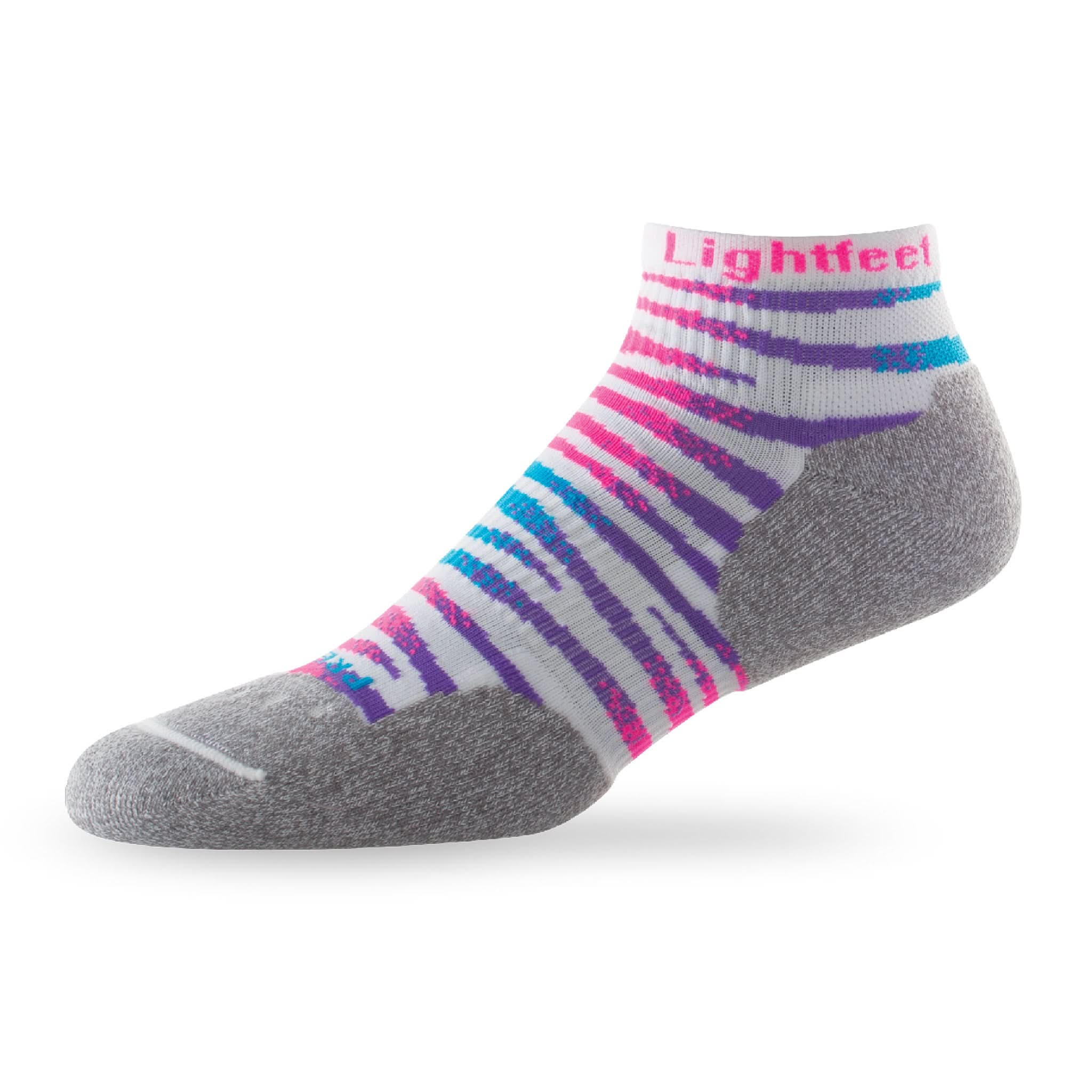 Side view of Lightfeet Predator White Fluro Pink Mini Crew Performance Running Sock
