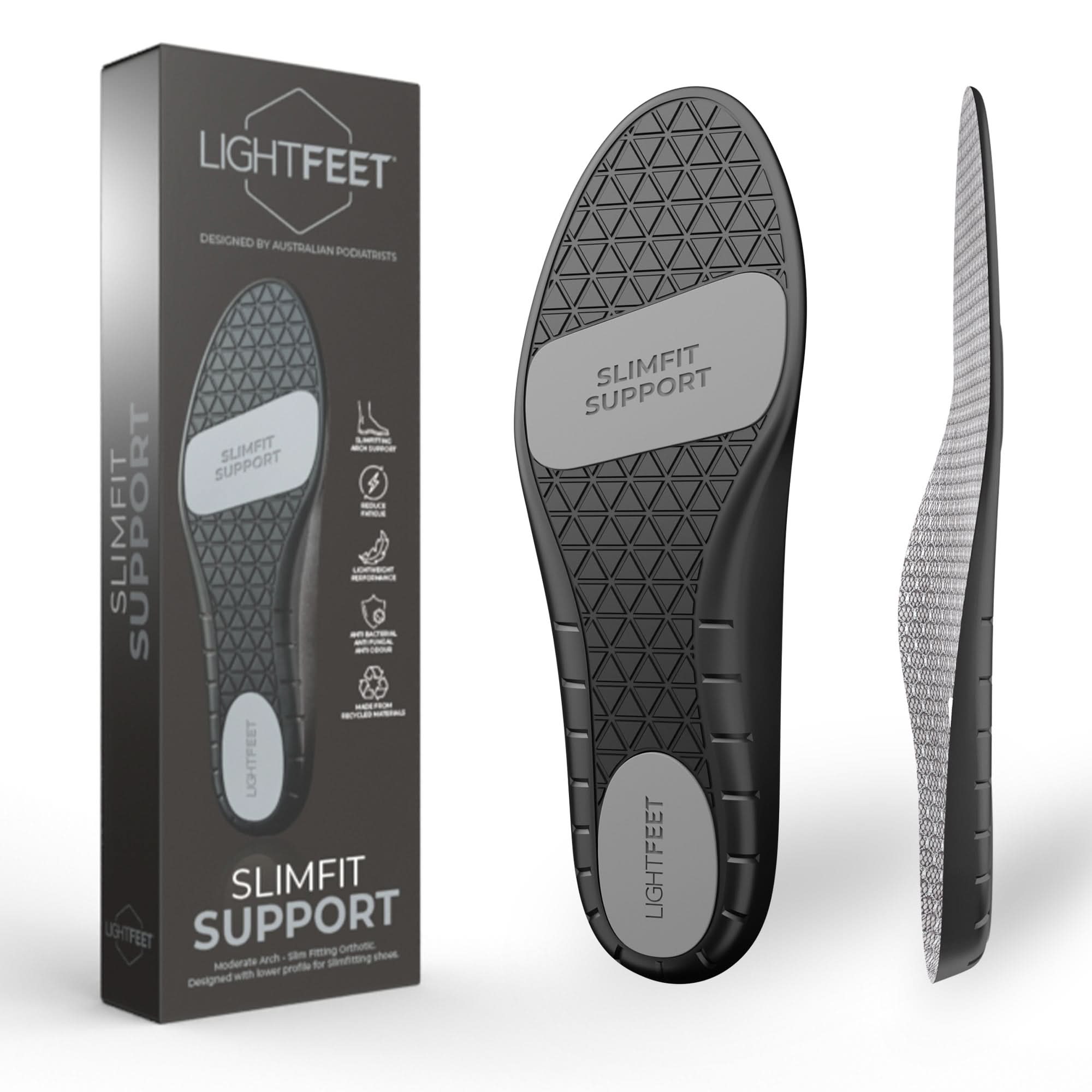 Image of Lightfeet Slimfit Support Orthotic Insoles showing the packaging and the bottom and side profile of the insole