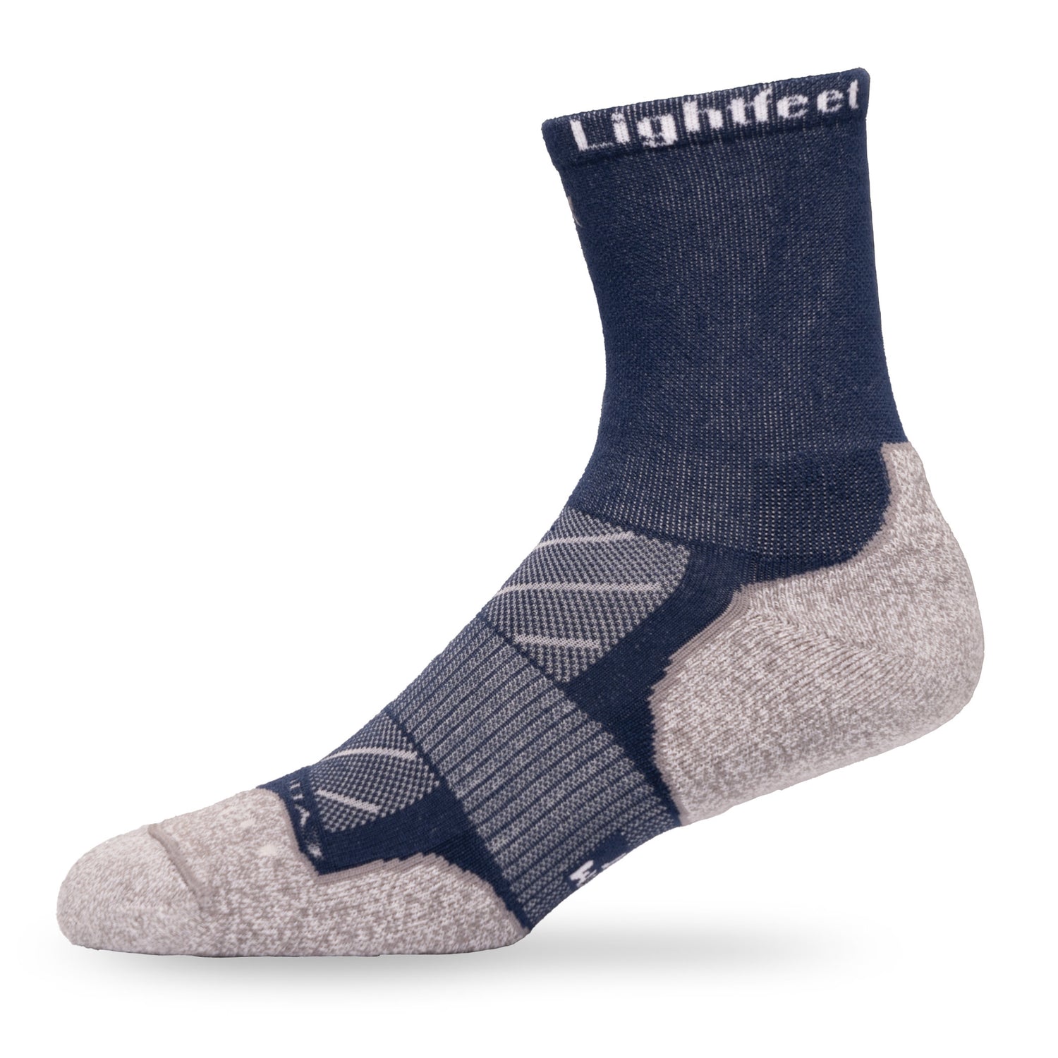 Side view of Lightfeet Evolution Trail Navy Half Crew Performance Running Sock 