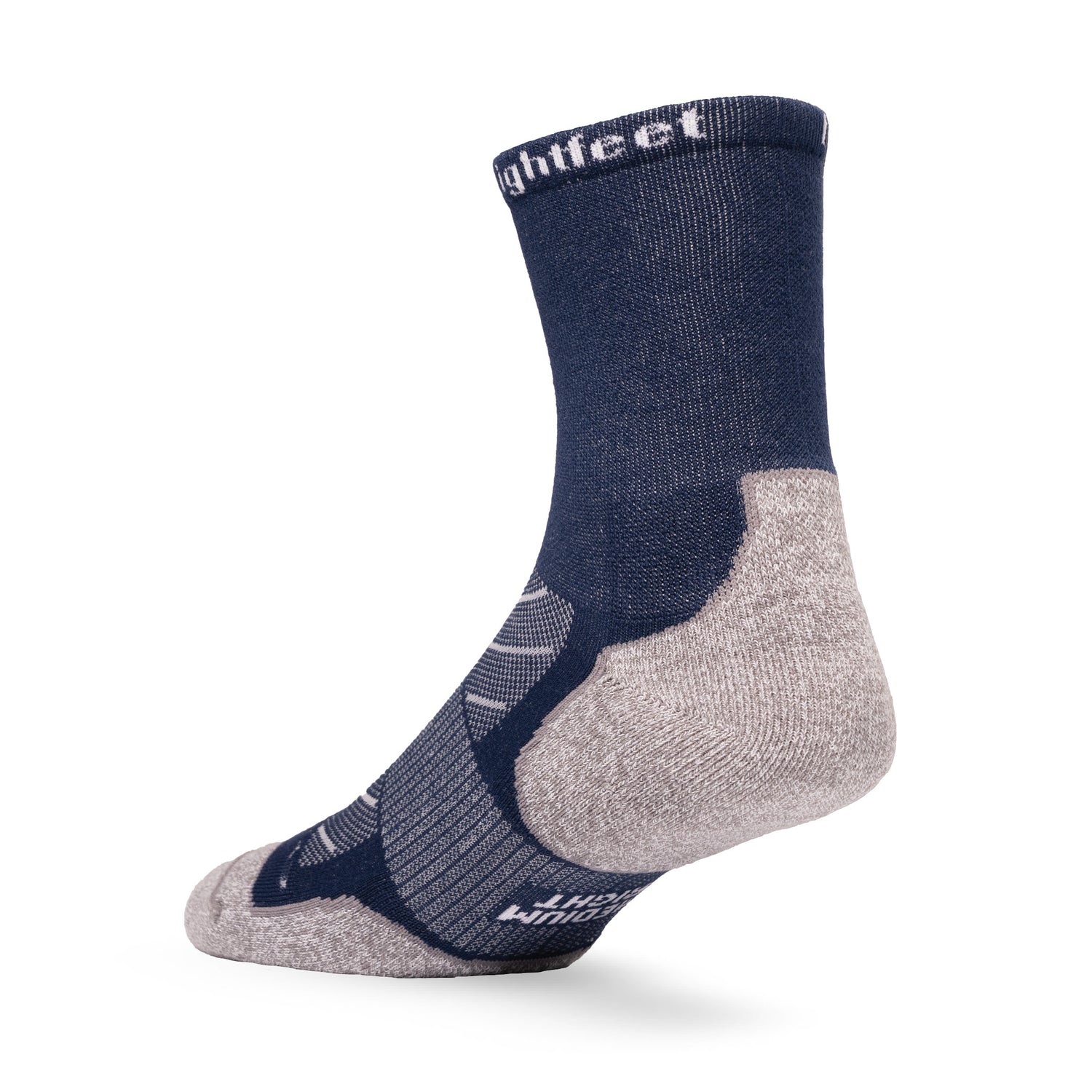 Heel view of Lightfeet Evolution Trail Navy Half Crew Performance Running Sock 