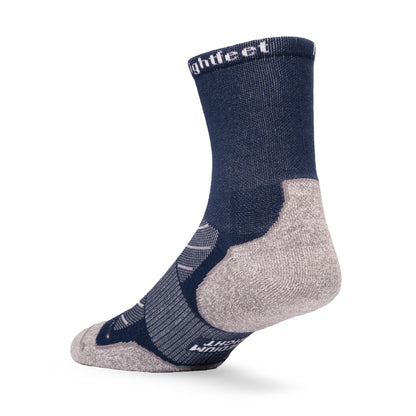 Heel view of Lightfeet Evolution Trail Navy Half Crew Performance Running Sock 