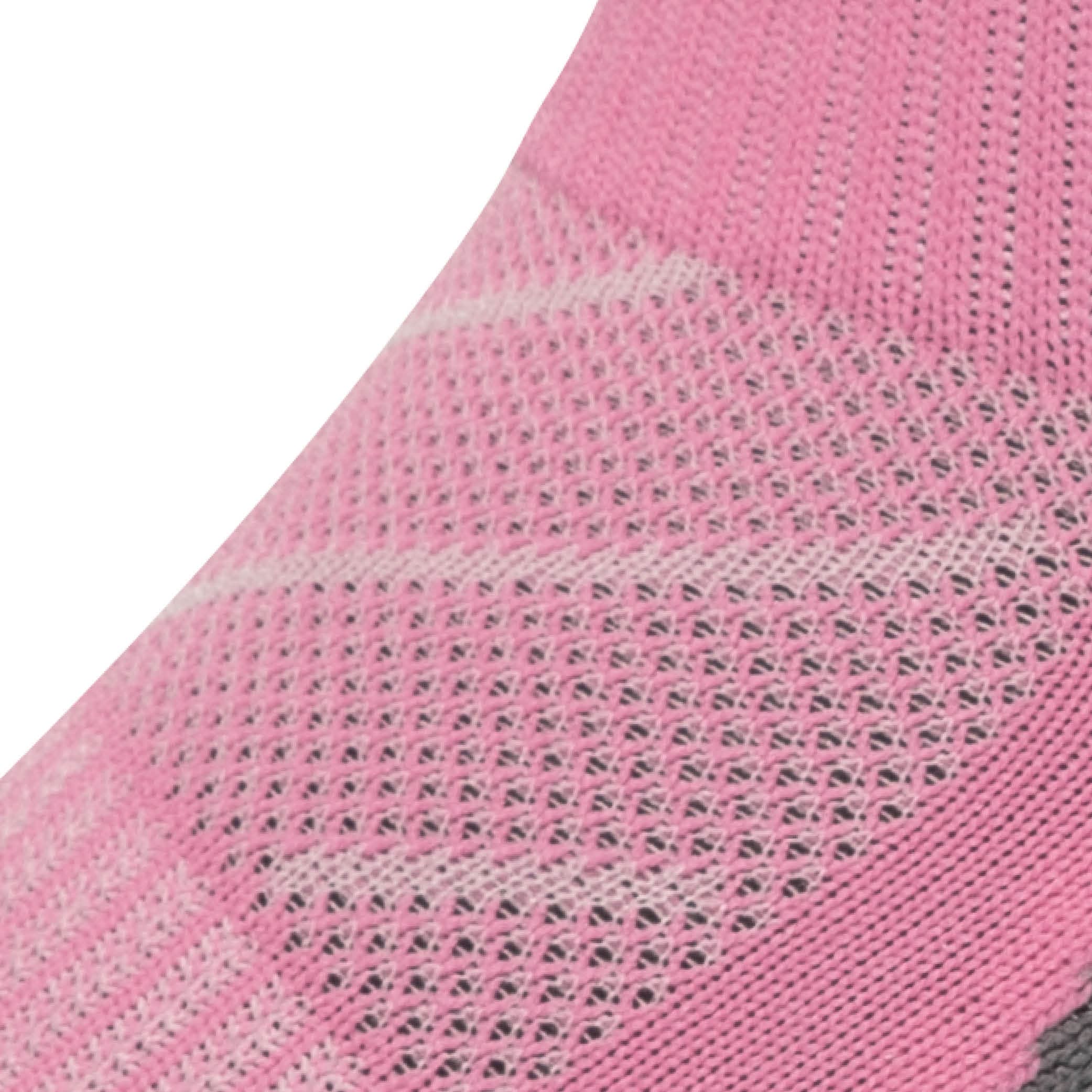 Close up view of mesh on Lightfeet Evolution Soft Pink Mini Crew Performance Running Sock 