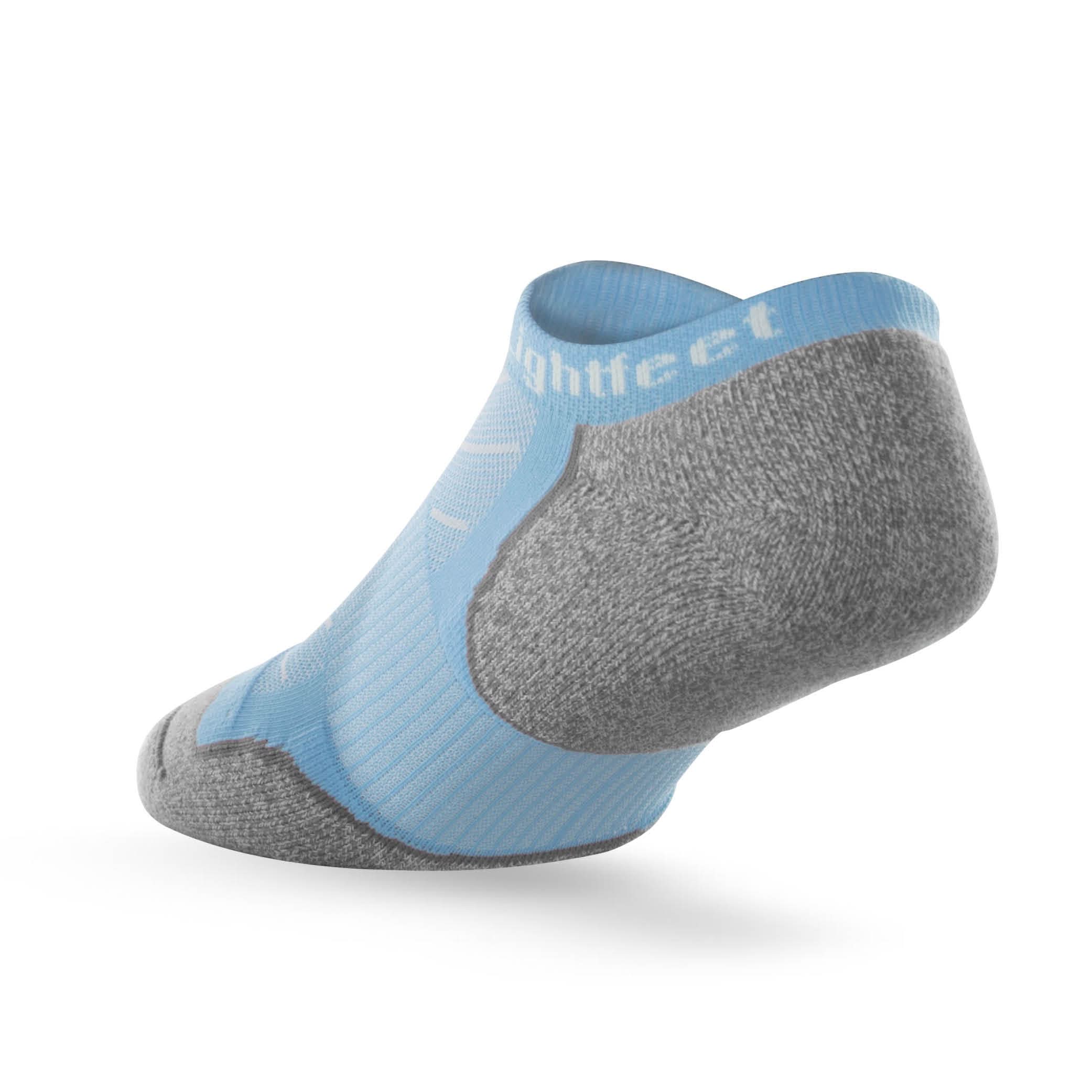 Heel view of Lightfeet Evolution Sky Blue Mini Performance Running Sock 