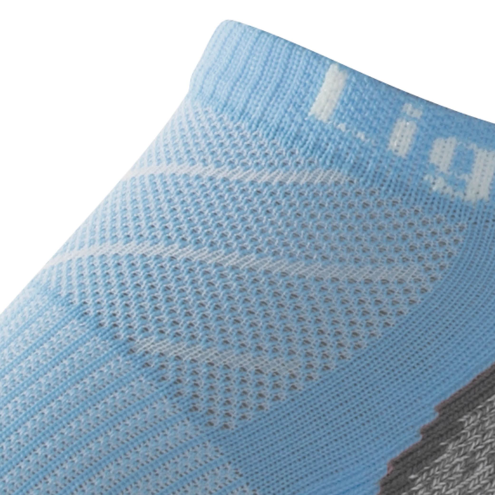 Close up view of mesh on Lightfeet Evolution Sky Blue Mini Performance Running Sock 