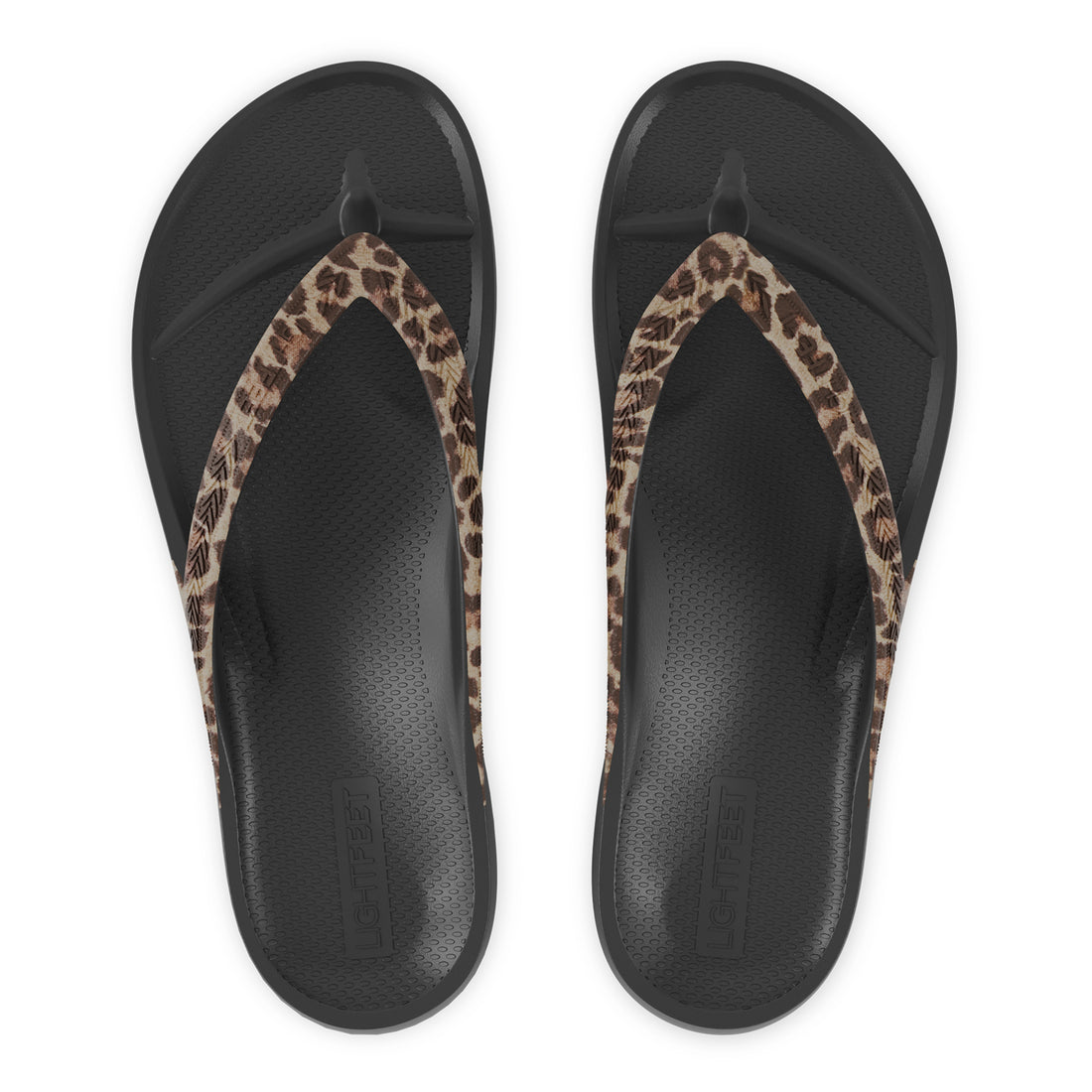 Top view of black leopard print Lightfeet Arch Support Thongs