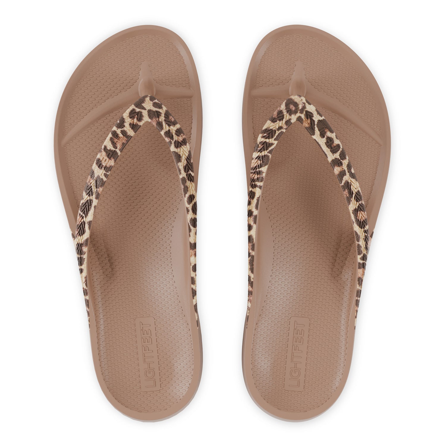 Top View of latte leopard print Lightfeet Arch Support Thongs