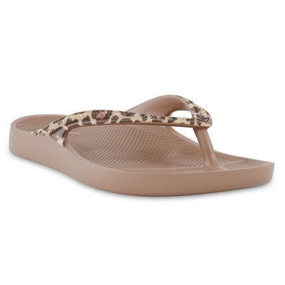 Angle view of latte leopard print Lightfeet Arch Support Thong