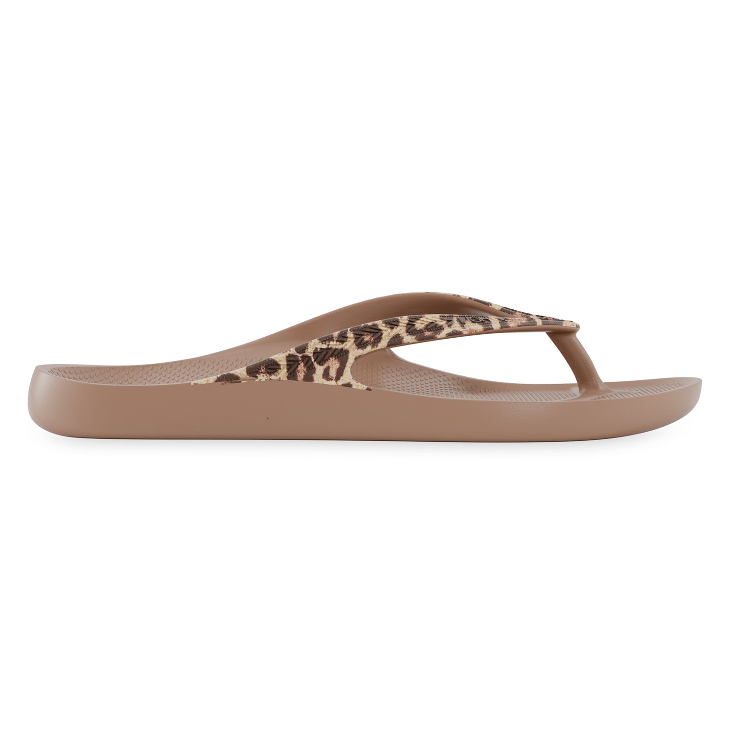 Side view of latte leopard print Lightfeet Arch Support Thong