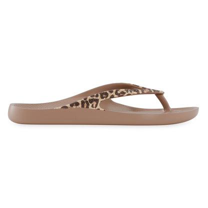 Side view of latte leopard print Lightfeet Arch Support Thong