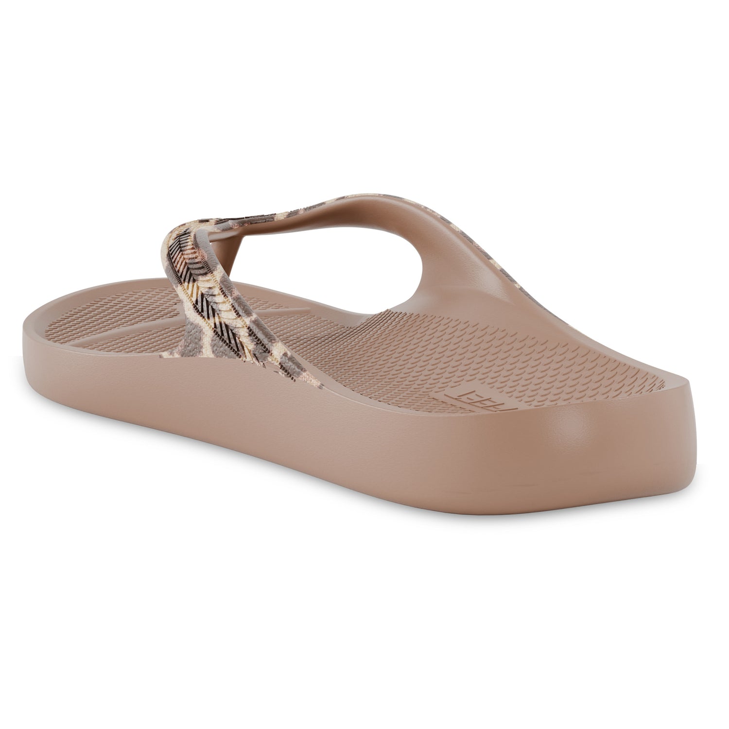 Arch view of latte leopard print Lightfeet Arch Support Thong