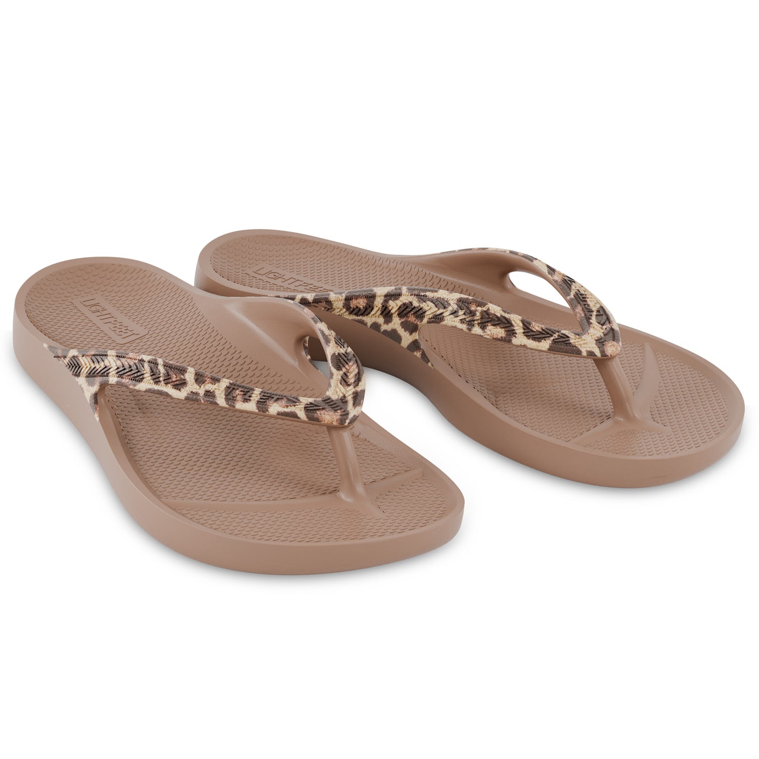 Pair of latte leopard print Lightfeet Arch Support Thongs