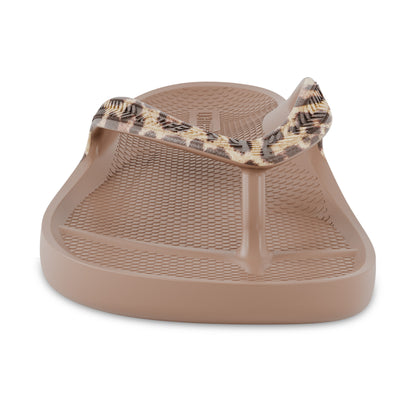 Front view of latte leopard print Lightfeet Arch Support Thong
