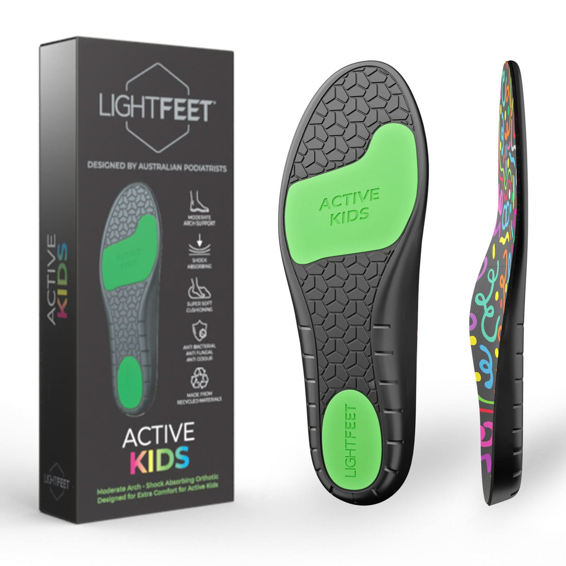 Image of Lightfeet Active Kids Orthotic Insoles showing the packaging and the bottom and side profile of the insole