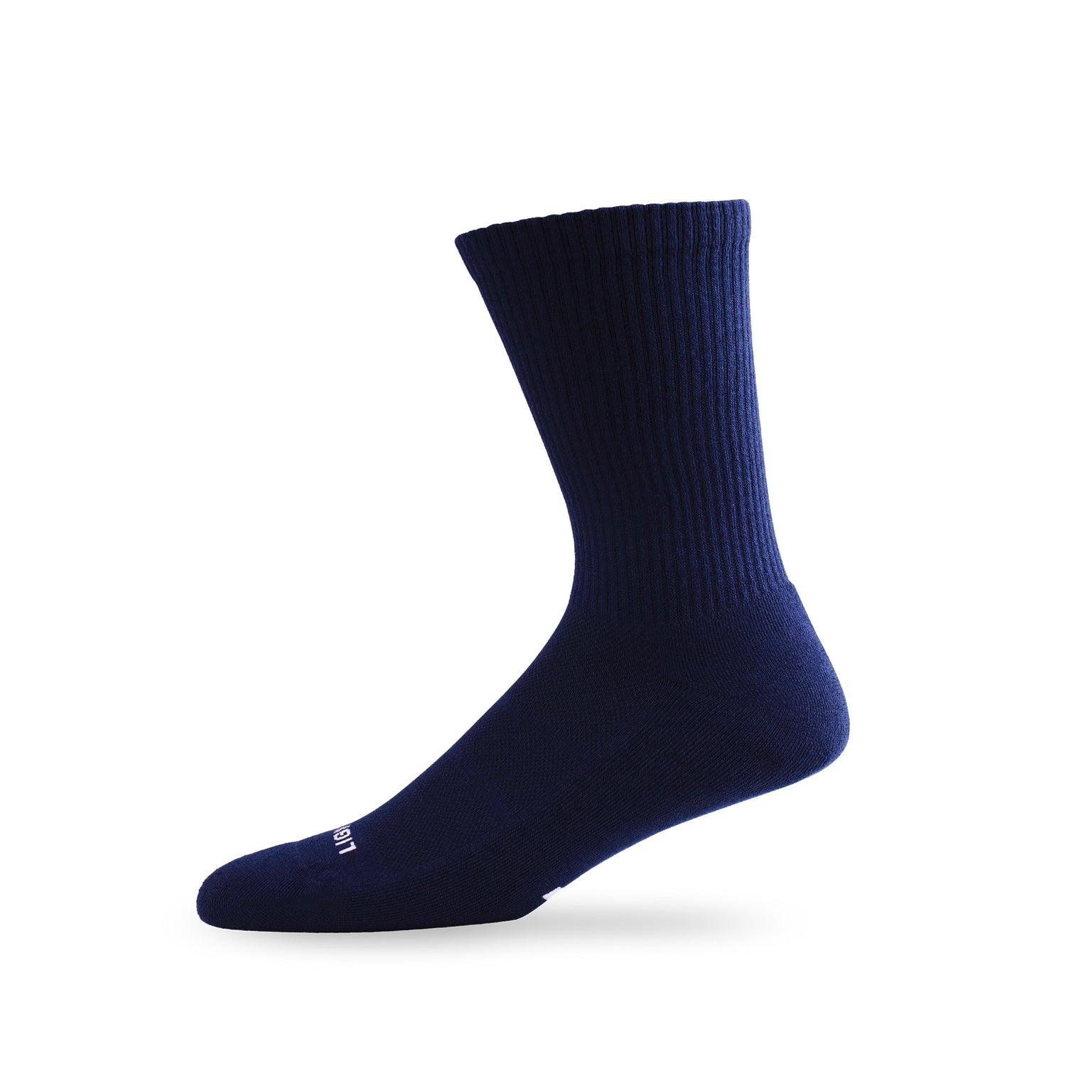 Side view of Lightfeet Comfort Navy Crew Socks 