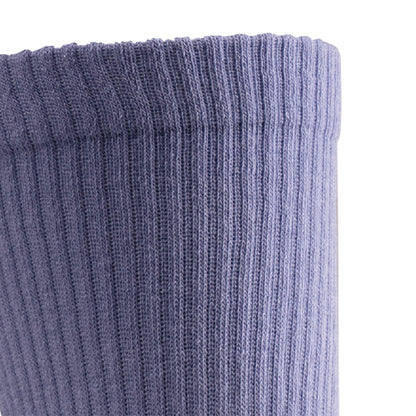 Close up view of cuff of Lightfeet Comfort Purple Crew Socks 