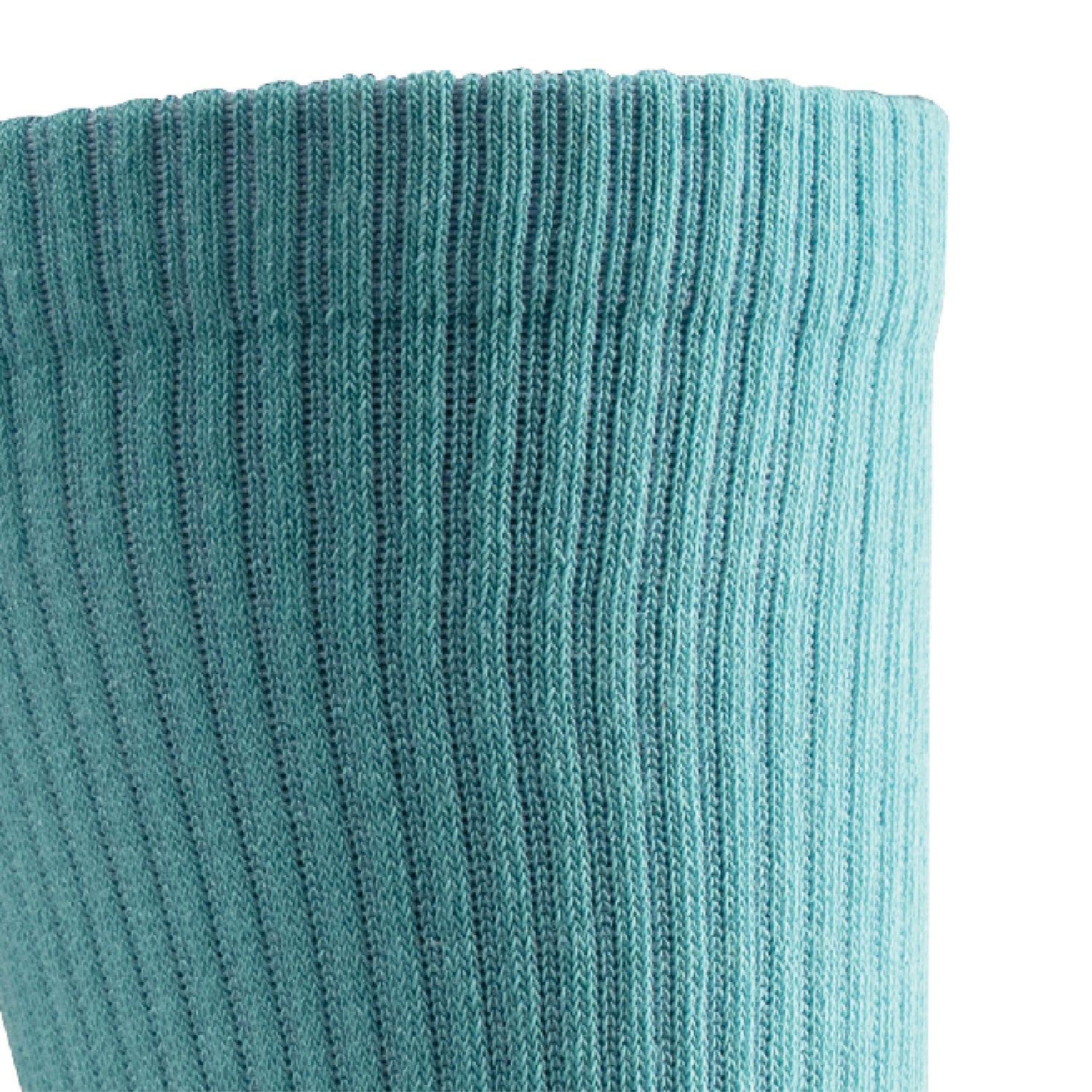 Close up view of cuff of Lightfeet Comfort Teal Crew Socks 
