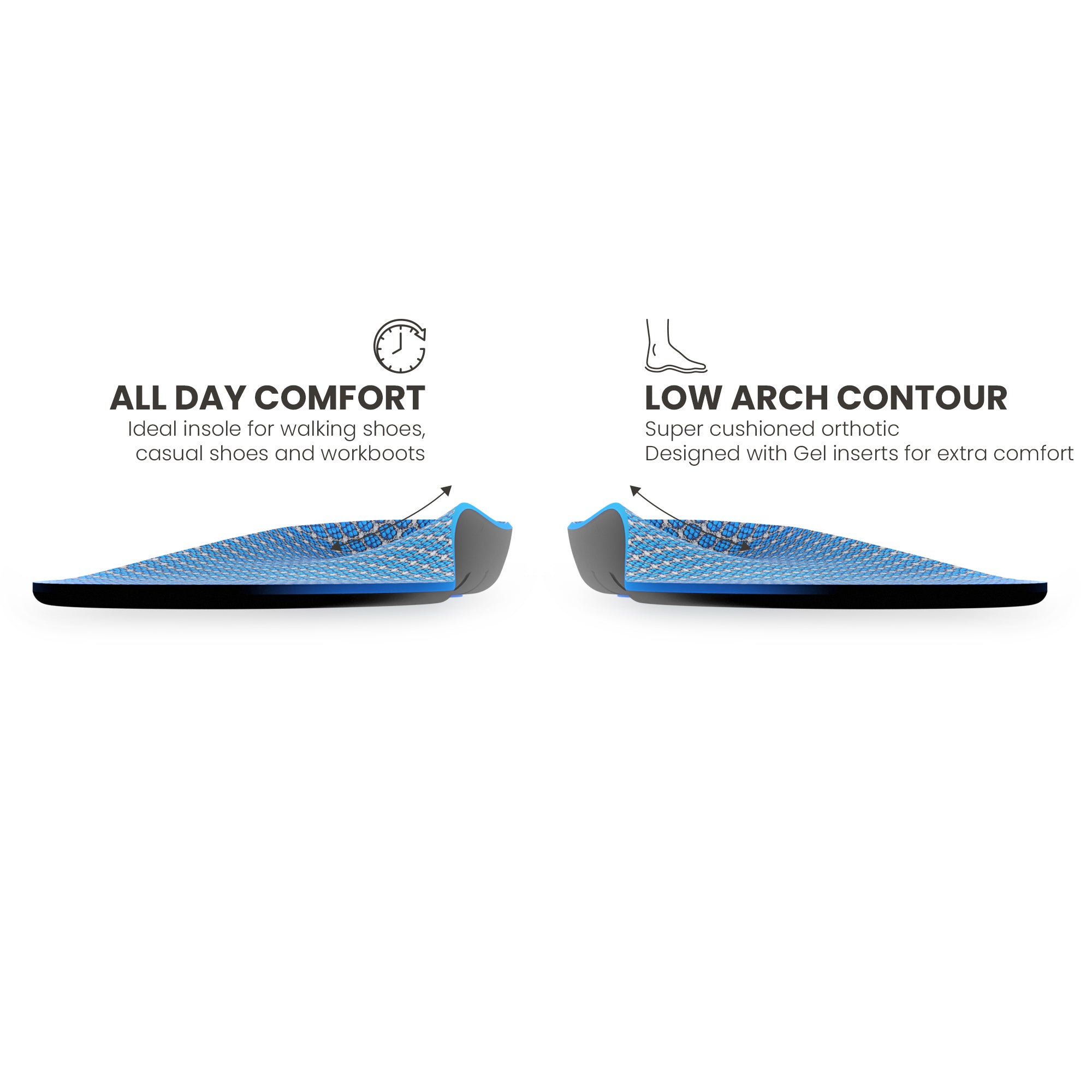 Front view showing the arch contour of a pair of Lightfeet Cushion Comfort Orthotic Insoles