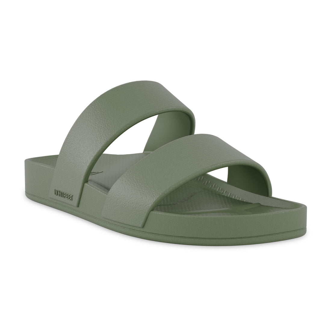 Front angle view of khaki Lightfeet Double Strap Slide