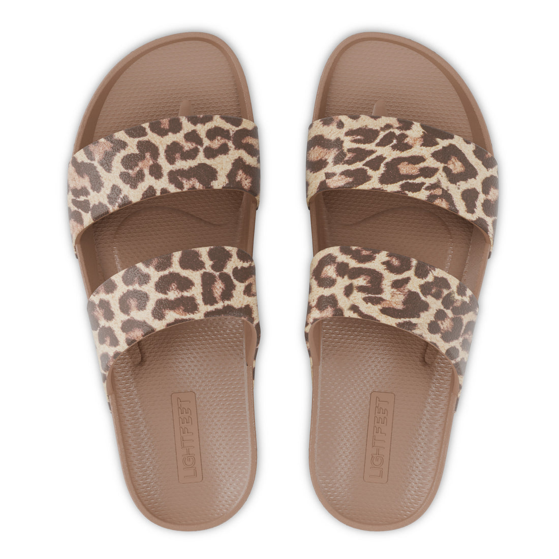 Top view of latte leopard print Lightfeet Double Strap Slide