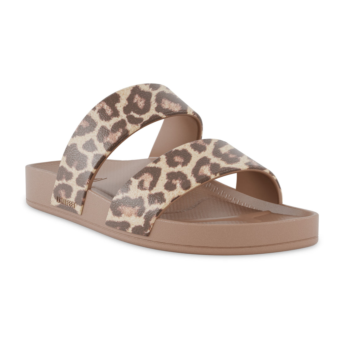 Angle view of latte leopard print Lightfeet Double Strap Slide