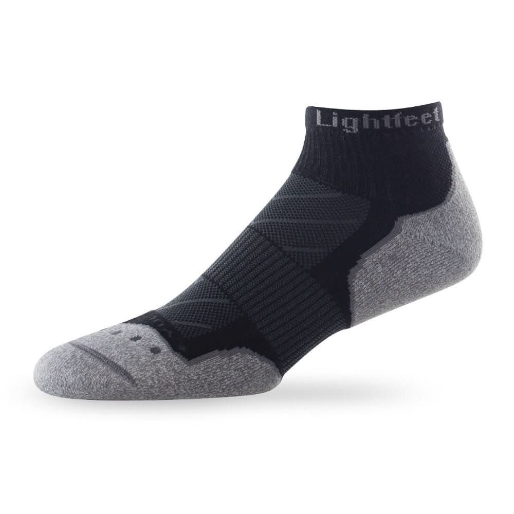 Side view of Lightfeet Evolution Black Mini Crew Performance Sock 