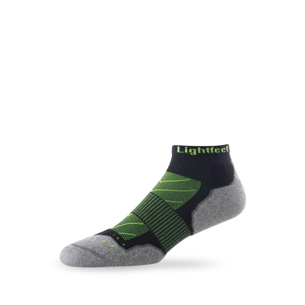 Side view of Lightfeet Evolution Black Fluro Green Mini Crew Performance Running Sock 