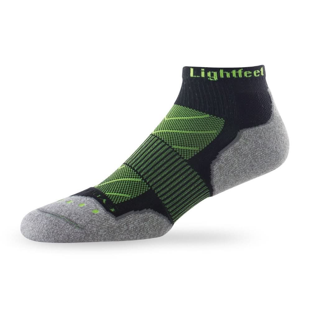 Side view of Lightfeet Evolution Black Fluro Green Mini Crew Performance Running Sock 